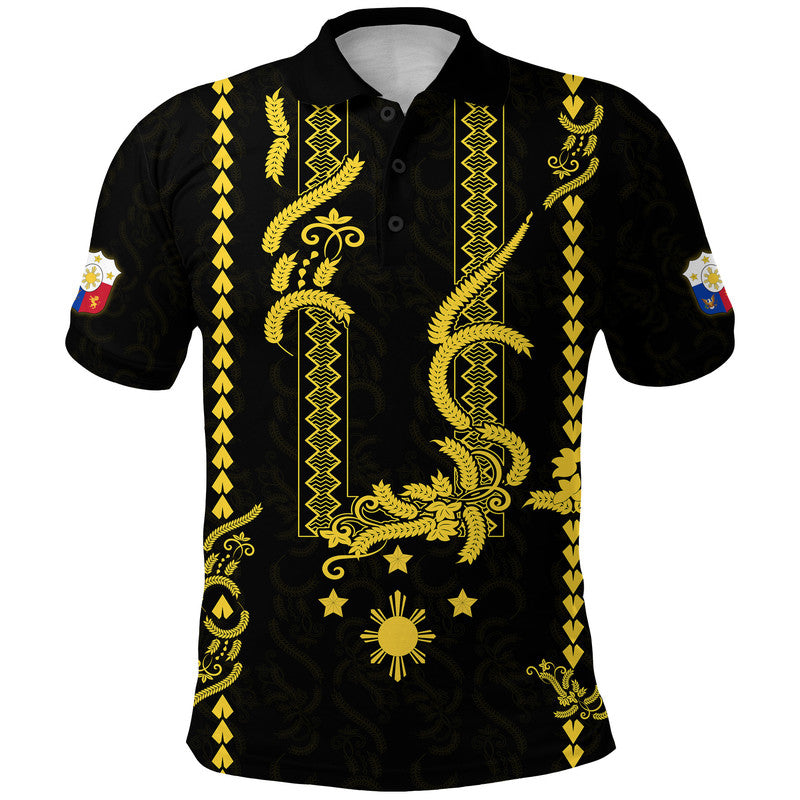 Custom Philippines Polo Shirt Pechera With Side Barong Patterns LT9 Adult Black - Polynesian Pride