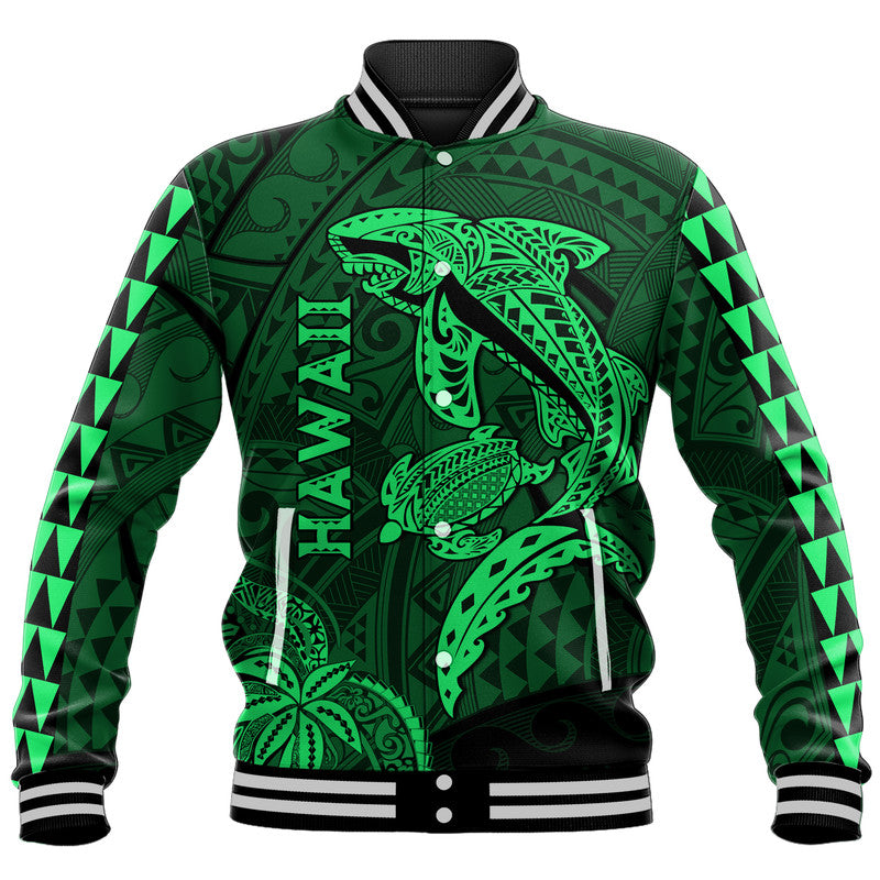 Hawaii Baseball Jacket Shark and Turtle Mix Kakau Green LT9 Unisex Green - Polynesian Pride