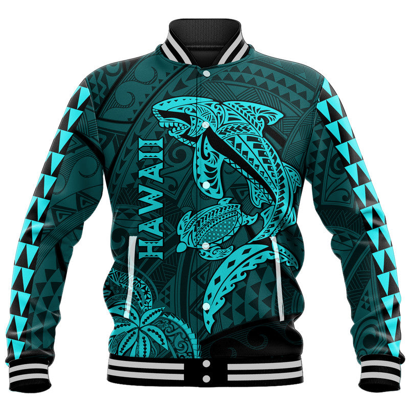 Hawaii Baseball Jacket Shark and Turtle Mix Kakau Turquoise LT9 Unisex Turquoise - Polynesian Pride