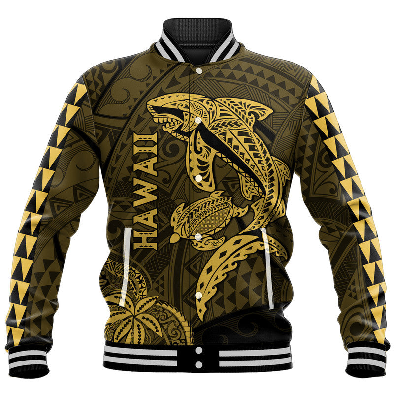 Hawaii Baseball Jacket Shark and Turtle Mix Kakau Gold LT9 Unisex Gold - Polynesian Pride