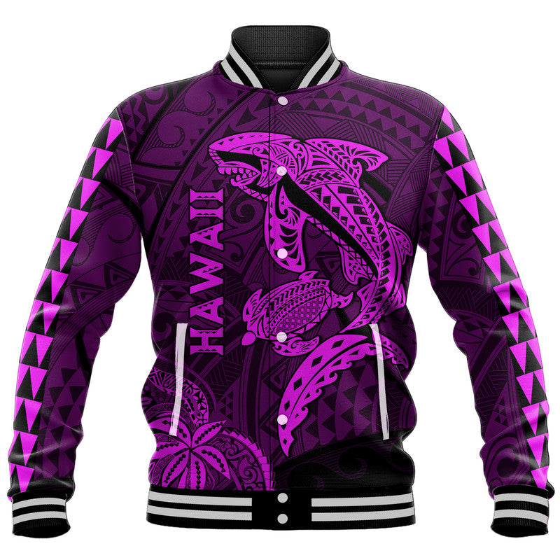 Hawaii Baseball Jacket Shark and Turtle Mix Kakau Purple LT9 Unisex Purple - Polynesian Pride