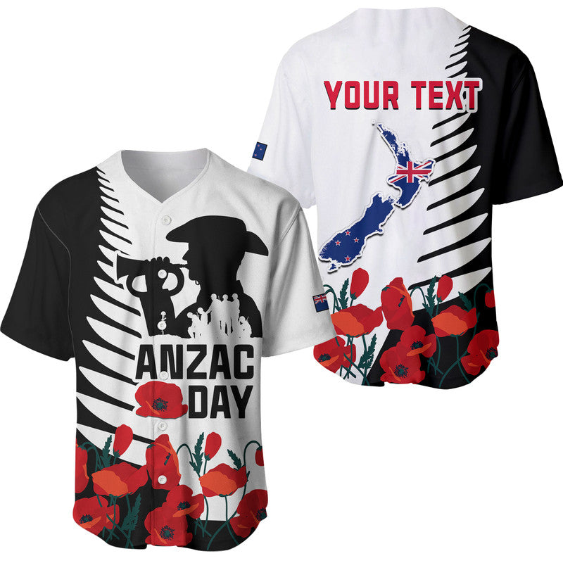 (Custom Personalised) New Zealand ANZAC Day Baseball Jersey Military Silver Ferns and Red Poppy LT9 Black - Polynesian Pride