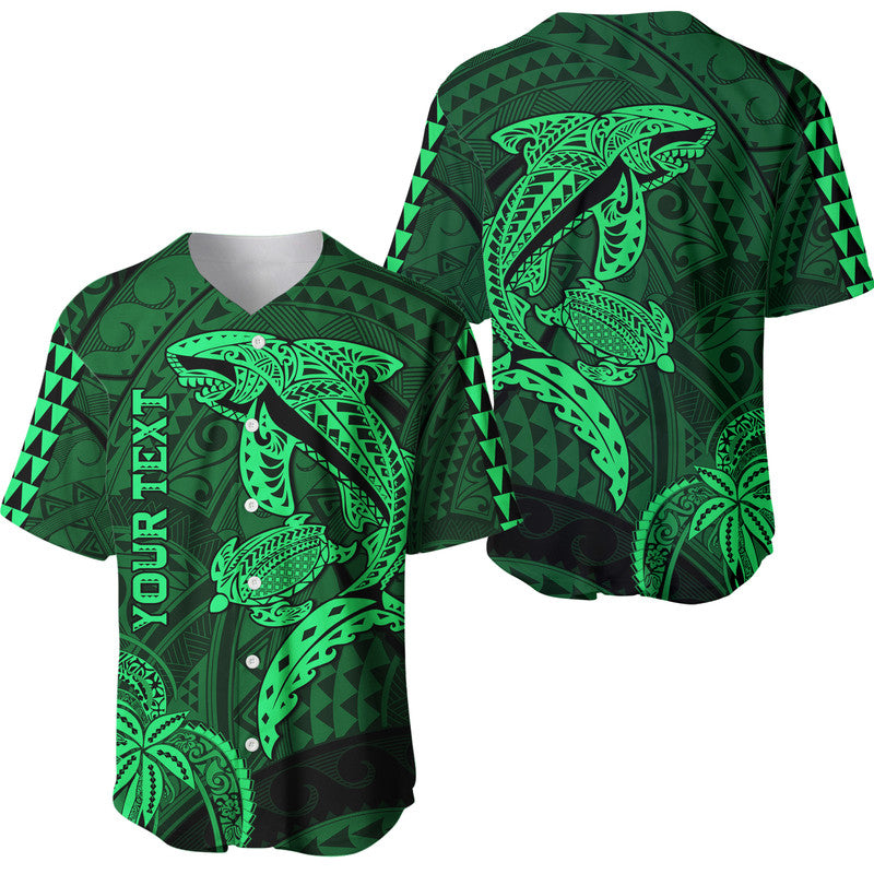 (Custom Personalised) Hawaii Baseball Jersey Shark and Turtle Mix Kakau Green LT9 Green - Polynesian Pride