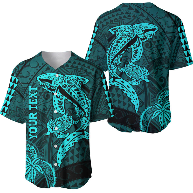 (Custom Personalised) Hawaii Baseball Jersey Shark and Turtle Mix Kakau Turquoise LT9 Turquoise - Polynesian Pride