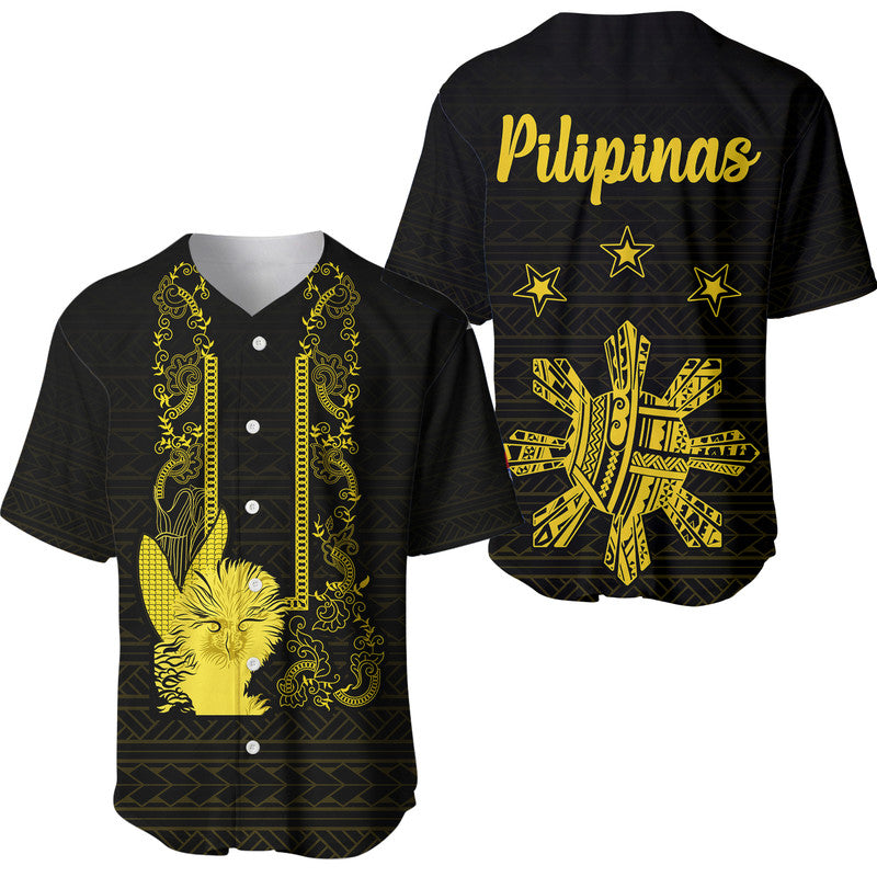 Philippines Eagle Barong Baseball Jersey Filipino Eight Rayed Gold Sun LT9 Black - Polynesian Pride