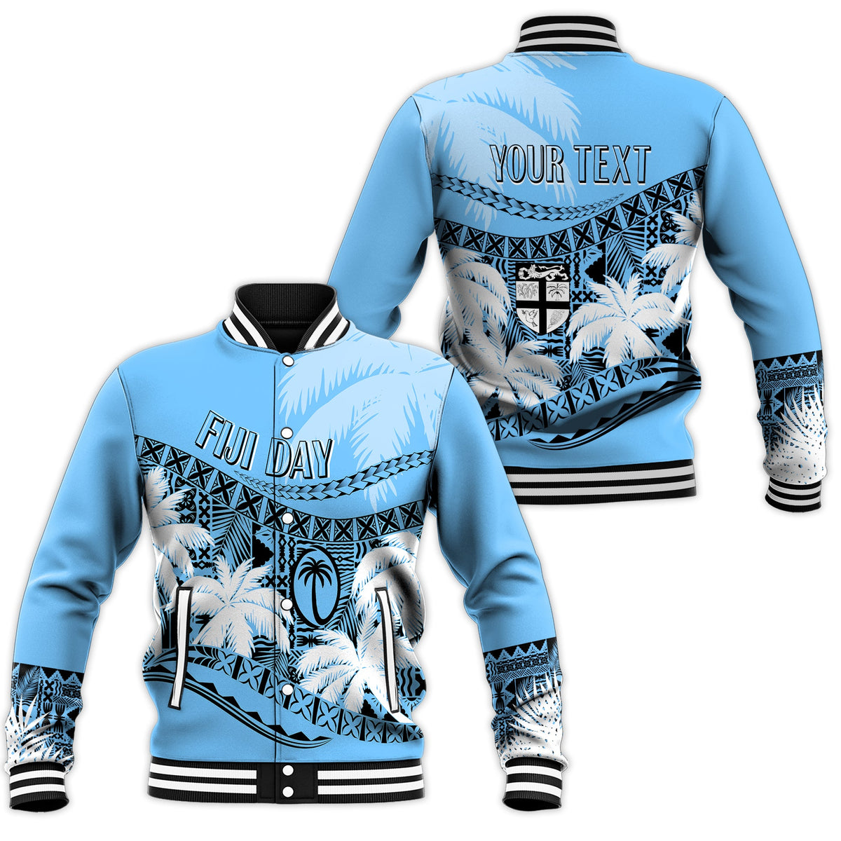 Personalised Fiji Day Baseball Jacket Flying Fijians Masi Kesa Style - Turquoise LT7 Unisex Turquoise - Polynesian Pride