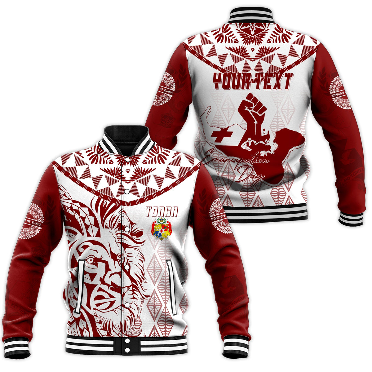 Tonga Personalised Baseball Jacket Emancipation Day Lion Style LT7 Unisex White - Polynesian Pride