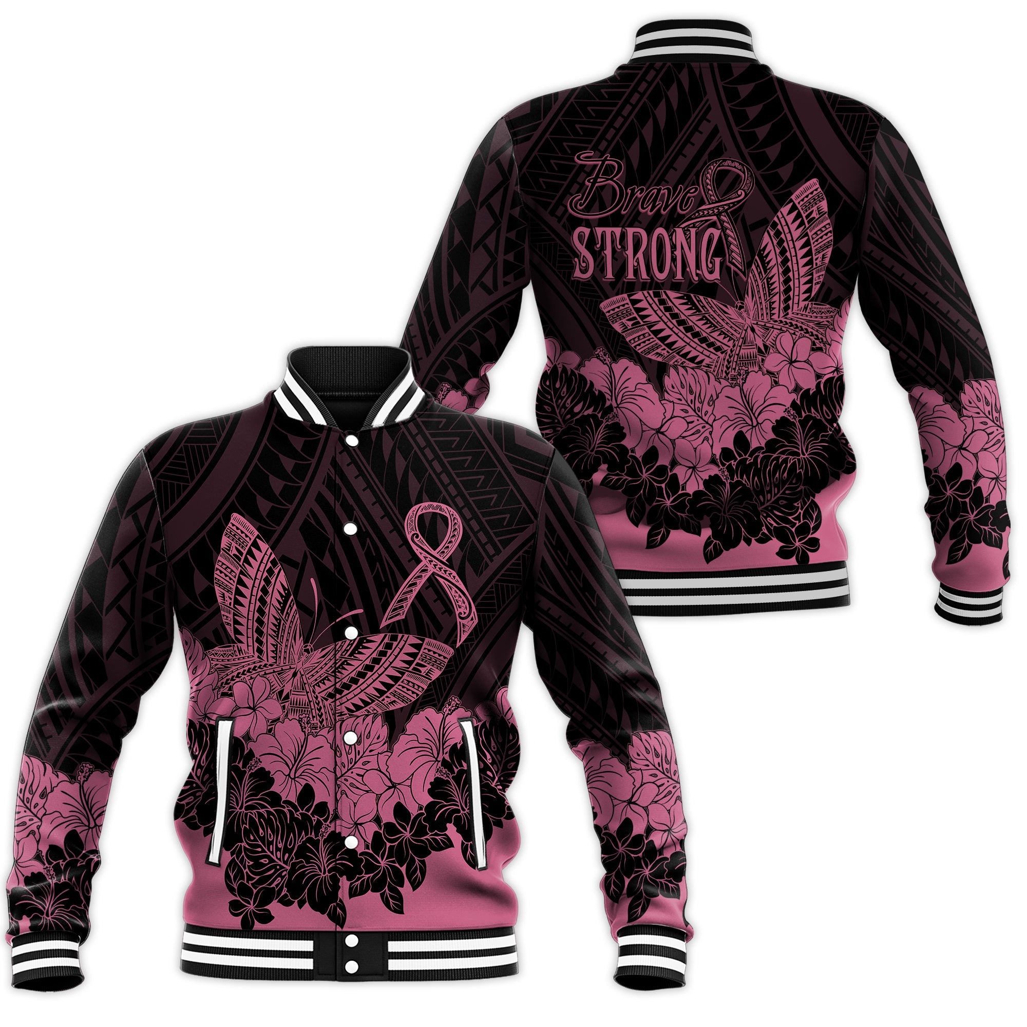 Polynesian Breast Cancer Awareness Baseball Jacket Floral Butterfly LT7 Unisex Black - Polynesian Pride