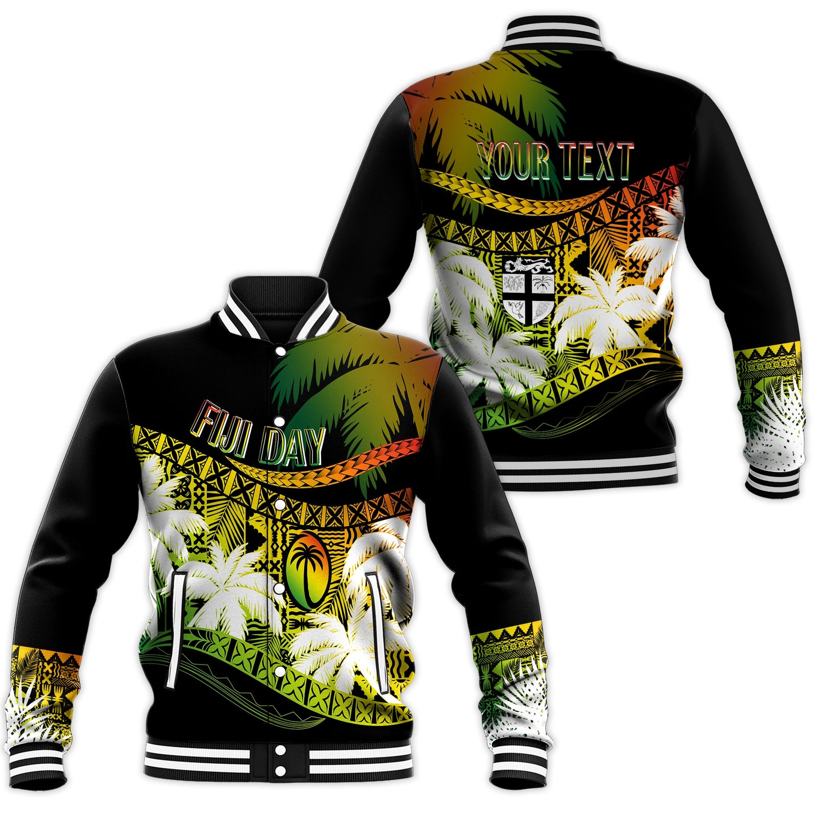 Personalised Fiji Day Baseball Jacket Flying Fijians Masi Kesa Style - Reggae LT7 Unisex Reggae - Polynesian Pride