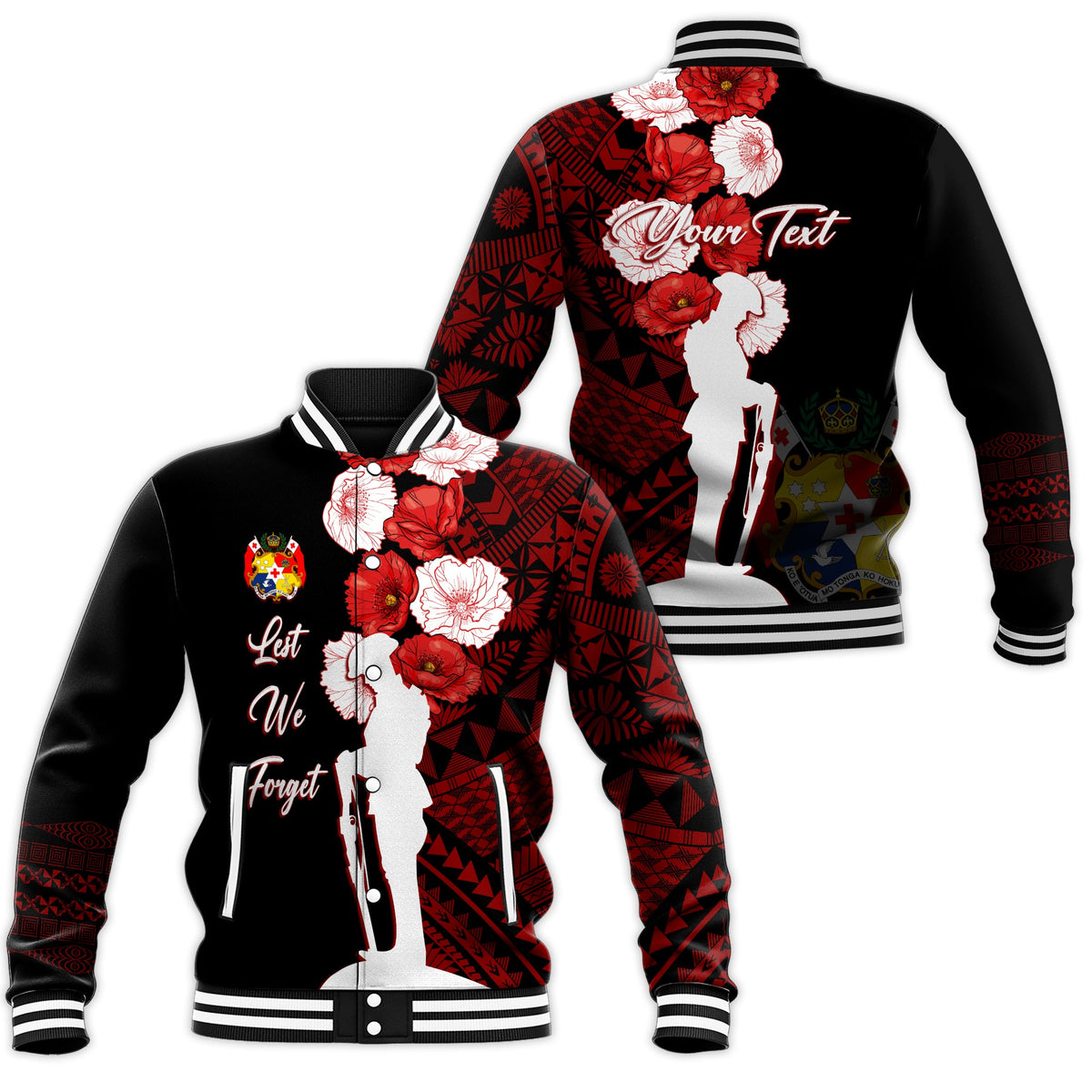 Tonga Baseball Jacket Anzac Day Lest We Forget LT7 Unisex Black - Polynesian Pride