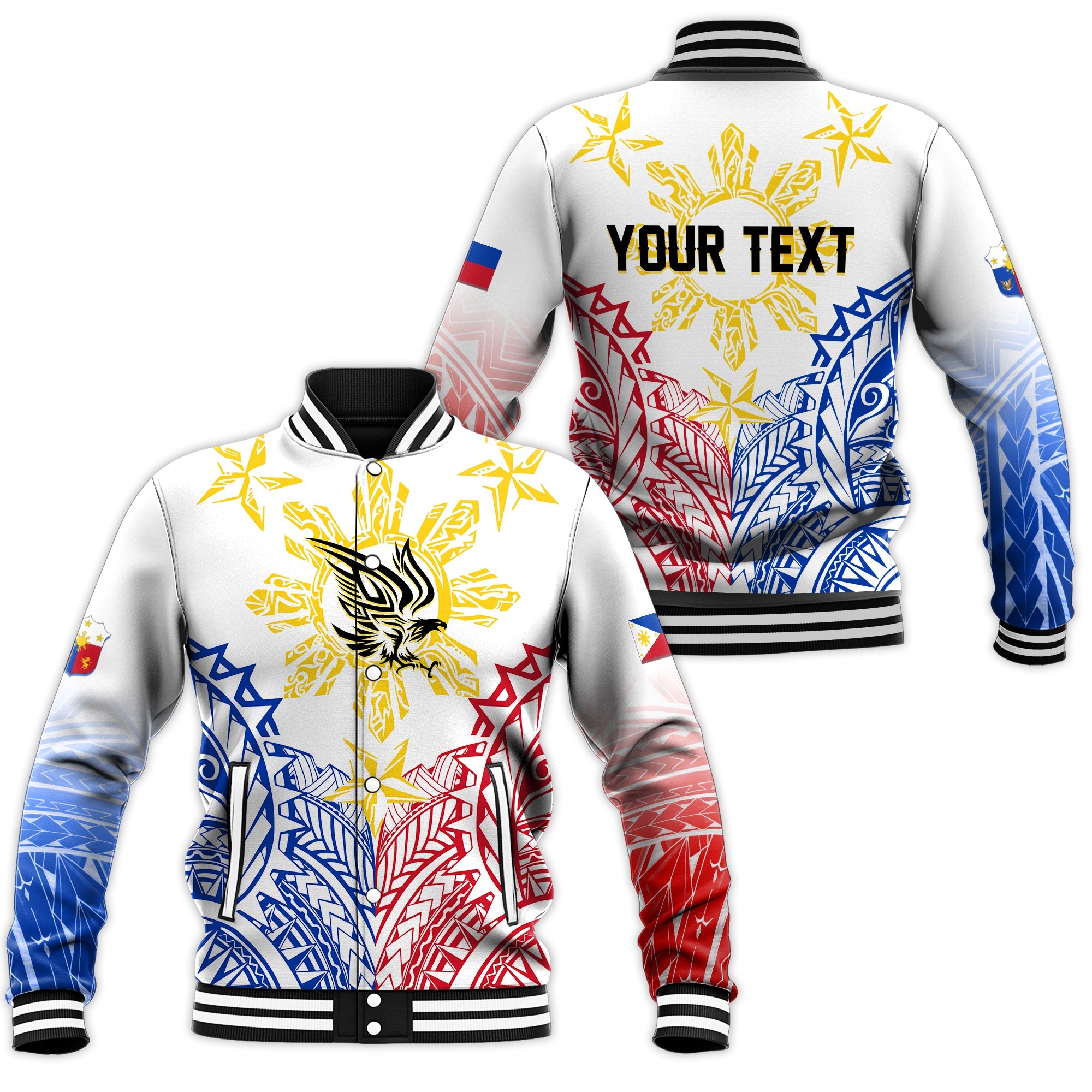 Philippines Personalised Baseball Jacket Filipino Sun with Eagle LT7 Unisex White - Polynesian Pride