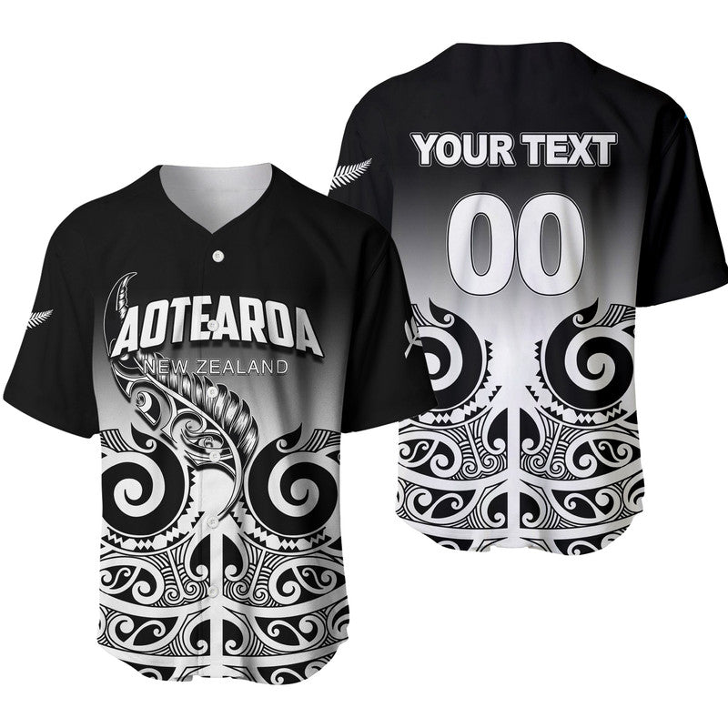 (Custom Personalised) New Zealand Rugby Baseball Jersey - Maori Fern Black style LT6 Black - Polynesian Pride