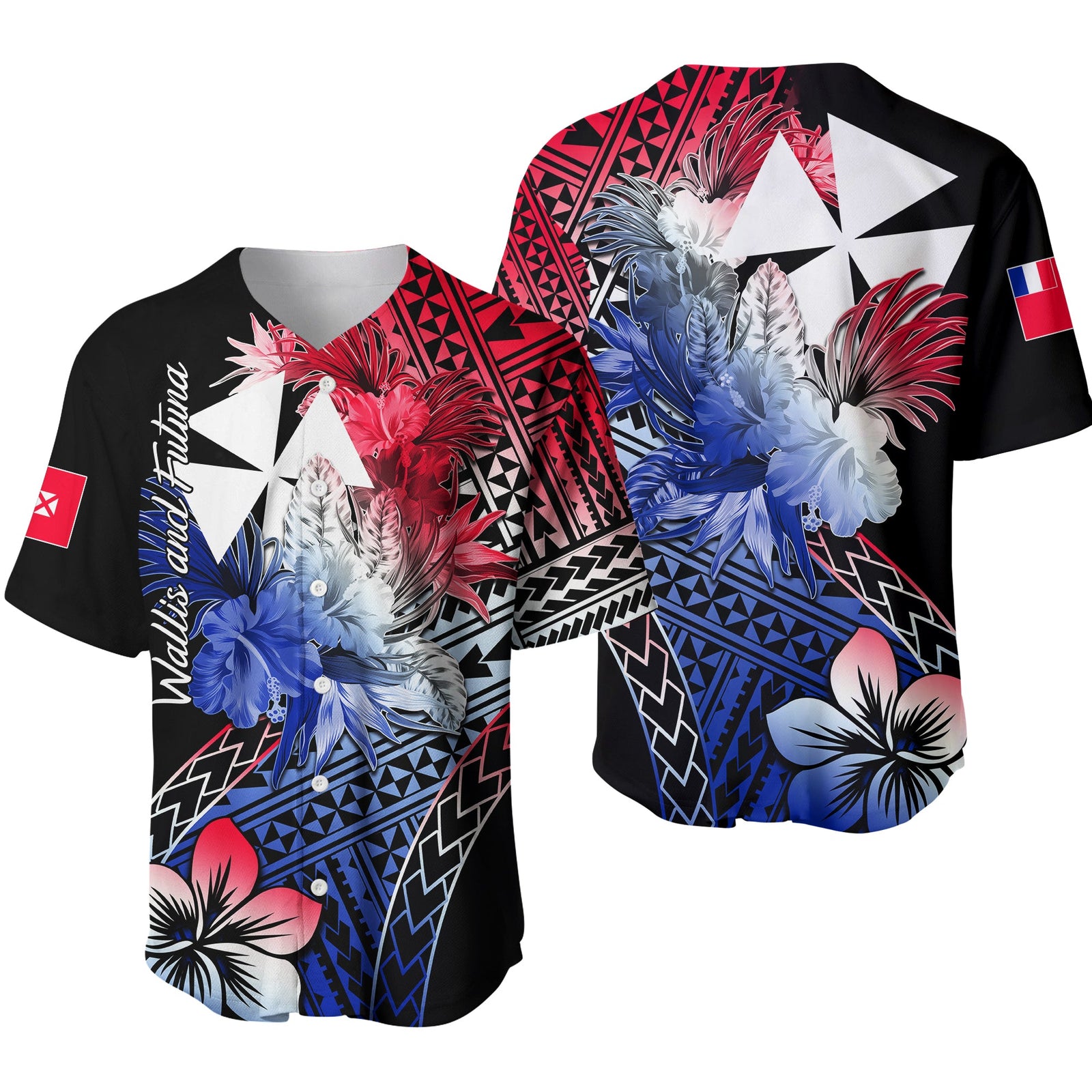Wallis and Futuna Baseball Jersey Hibiscus LT6 Blue - Polynesian Pride