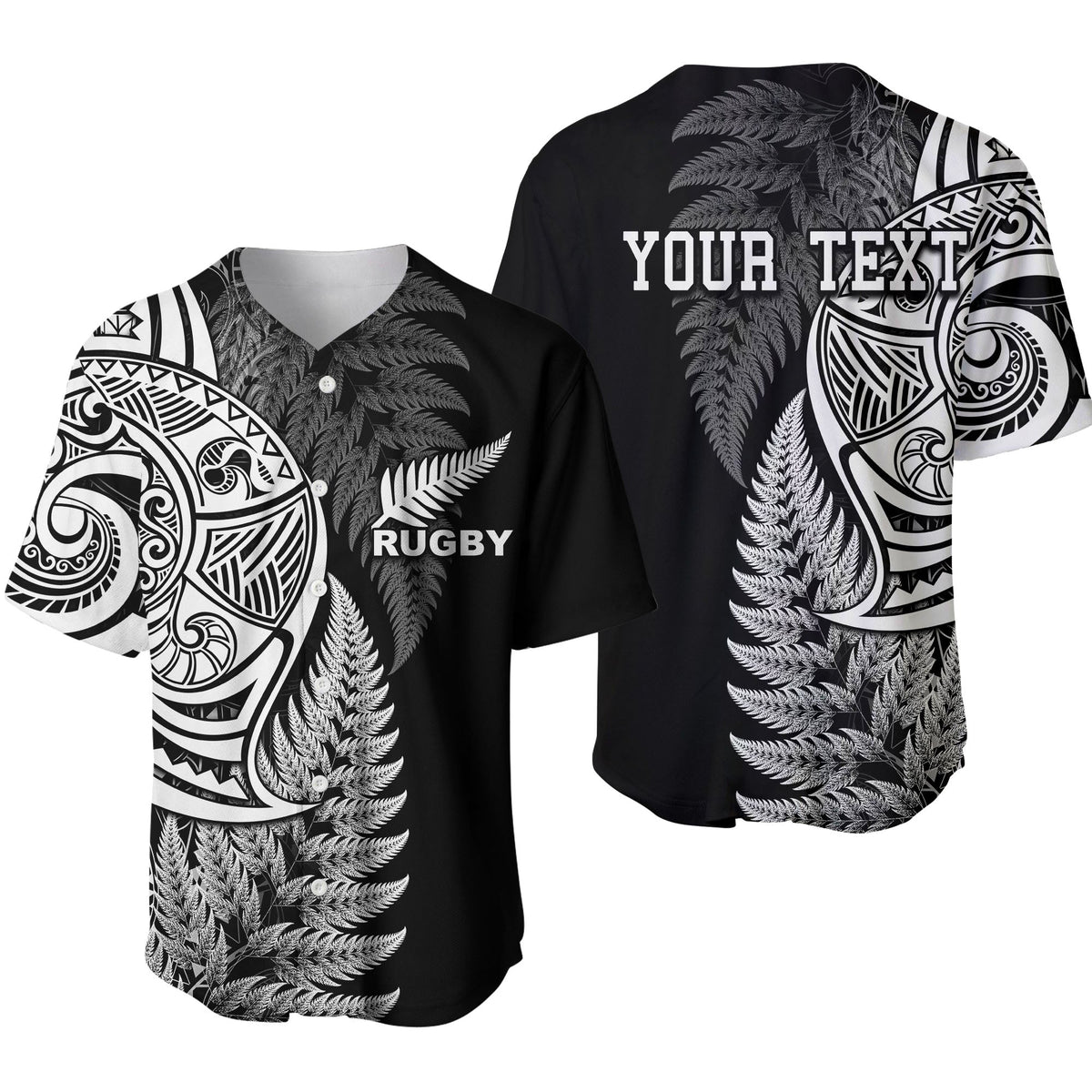 Maori Rugby Baseball Jersey Tattoo Mix Fern Leaf LT6 Black - Polynesian Pride