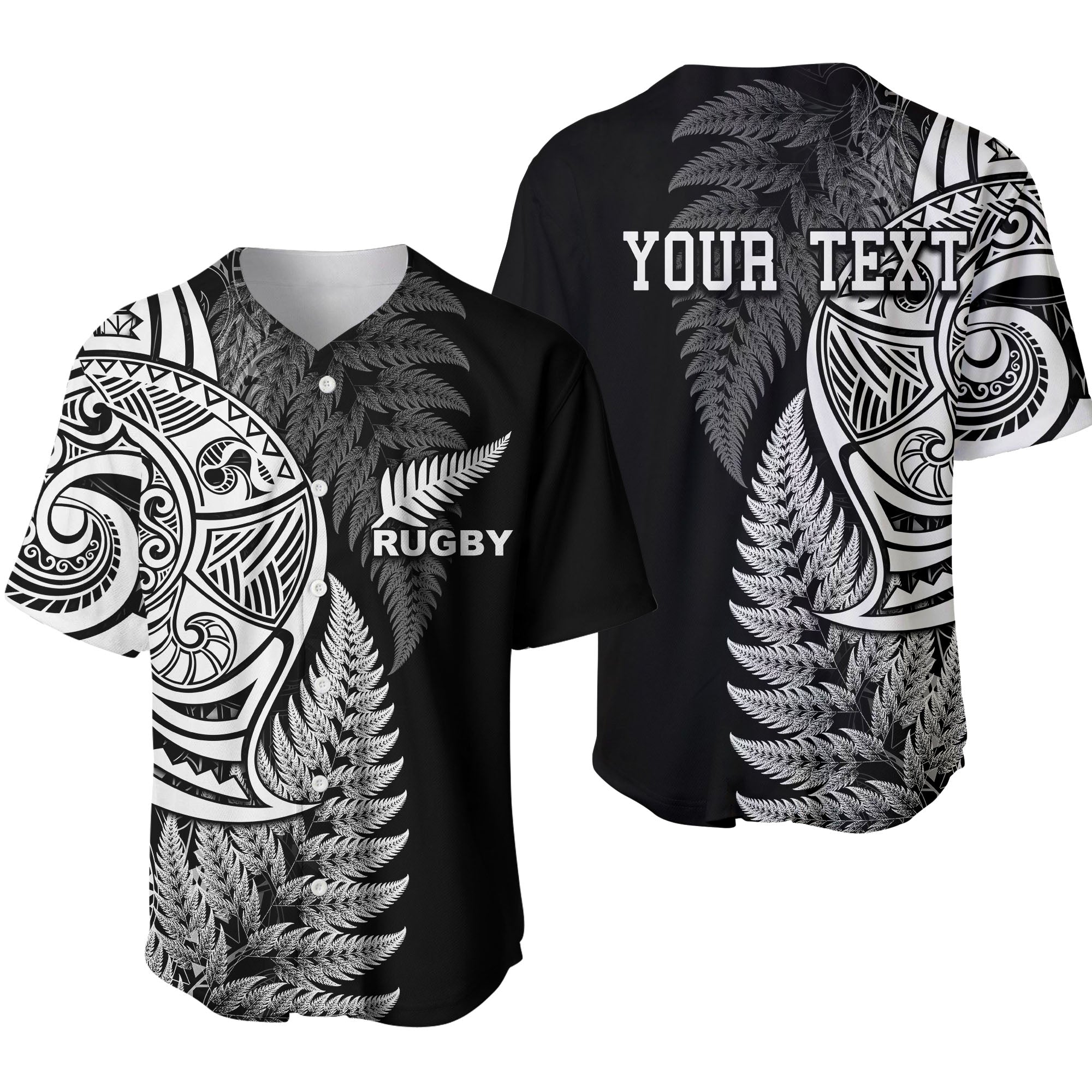 Maori Rugby Baseball Jersey Tattoo Mix Fern Leaf LT6 Black - Polynesian Pride