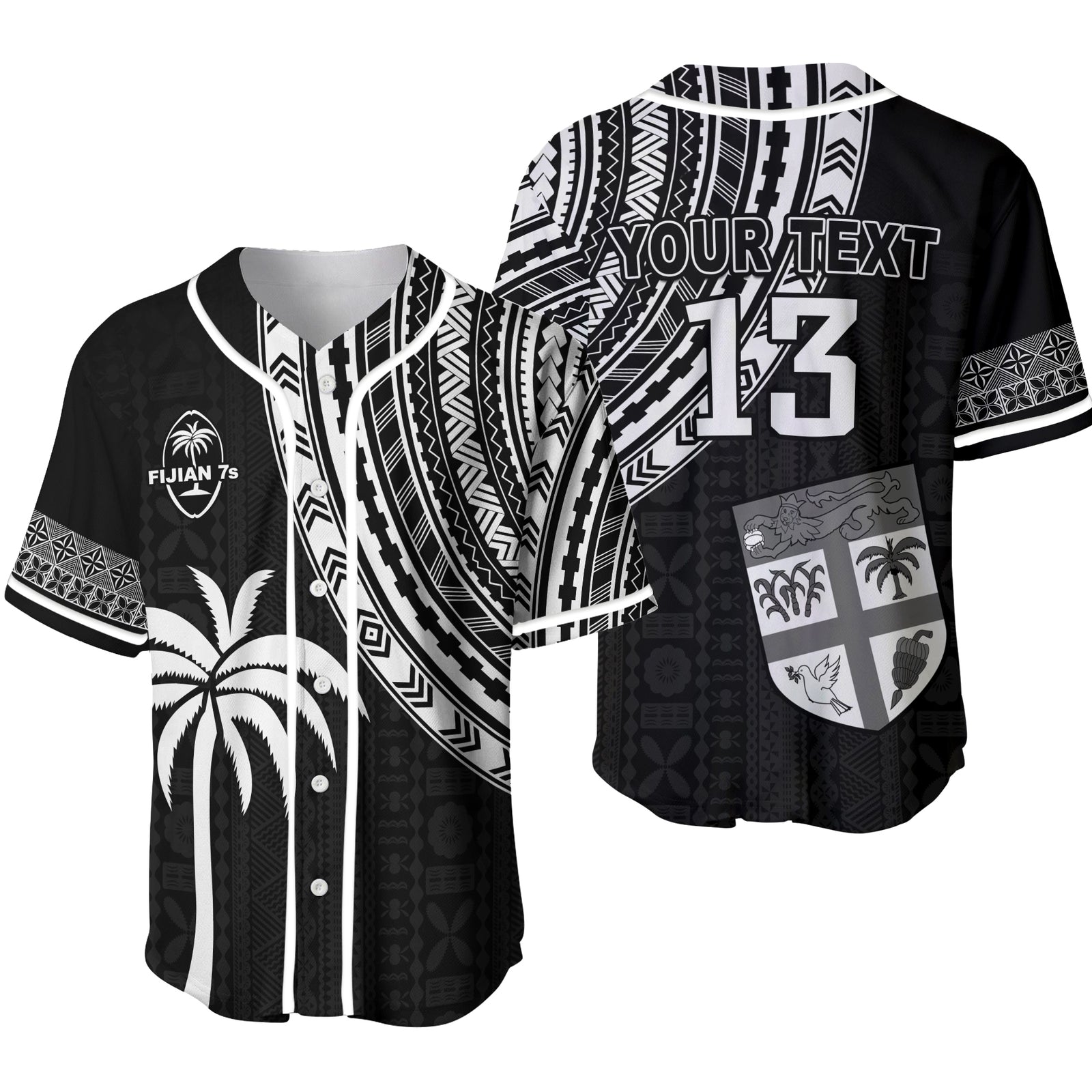 (Custom Personalised) Fiji Rugby Sevens Baseball Jersey Fijian 7s Tapa Polynesian - Custom Text and Number LT13 Unisex Black - Polynesian Pride