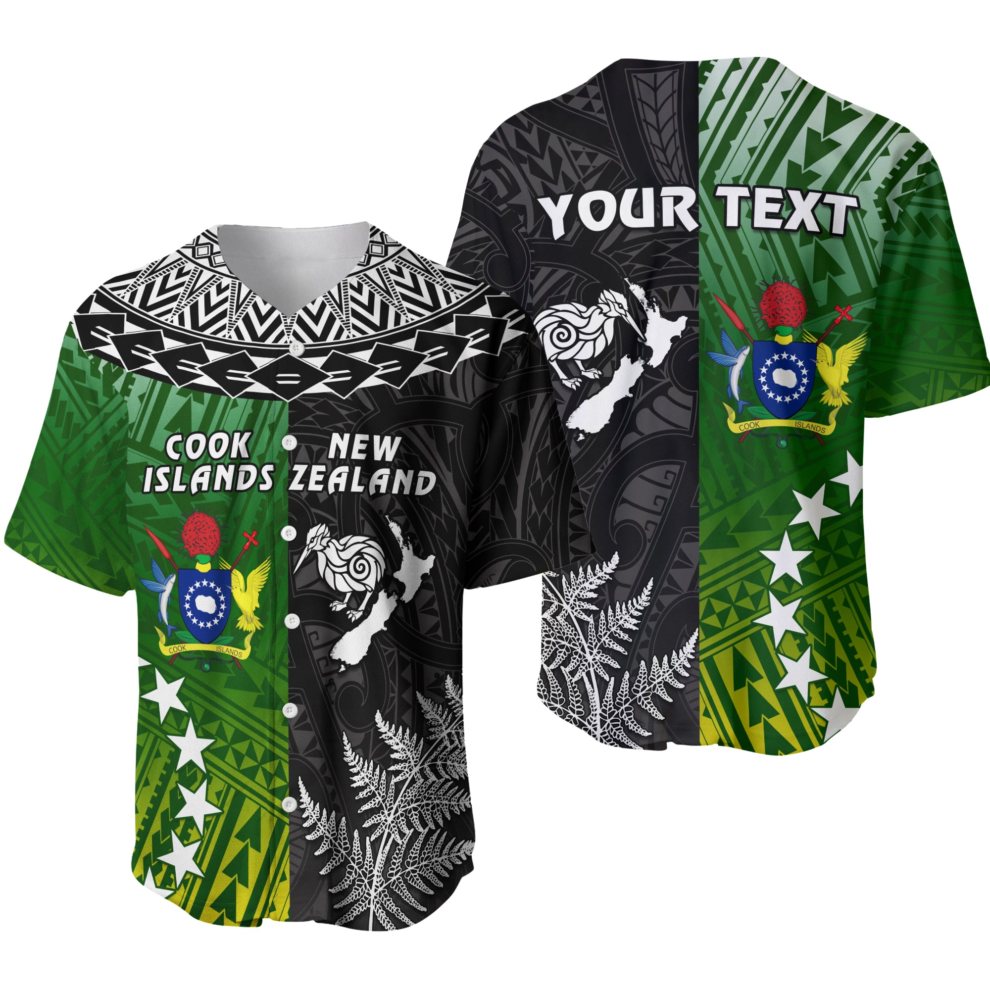 (Custom Personalised) Cook Islands Pattern and New Zealand Kiwi Baseball Jersey LT13 - Polynesian Pride