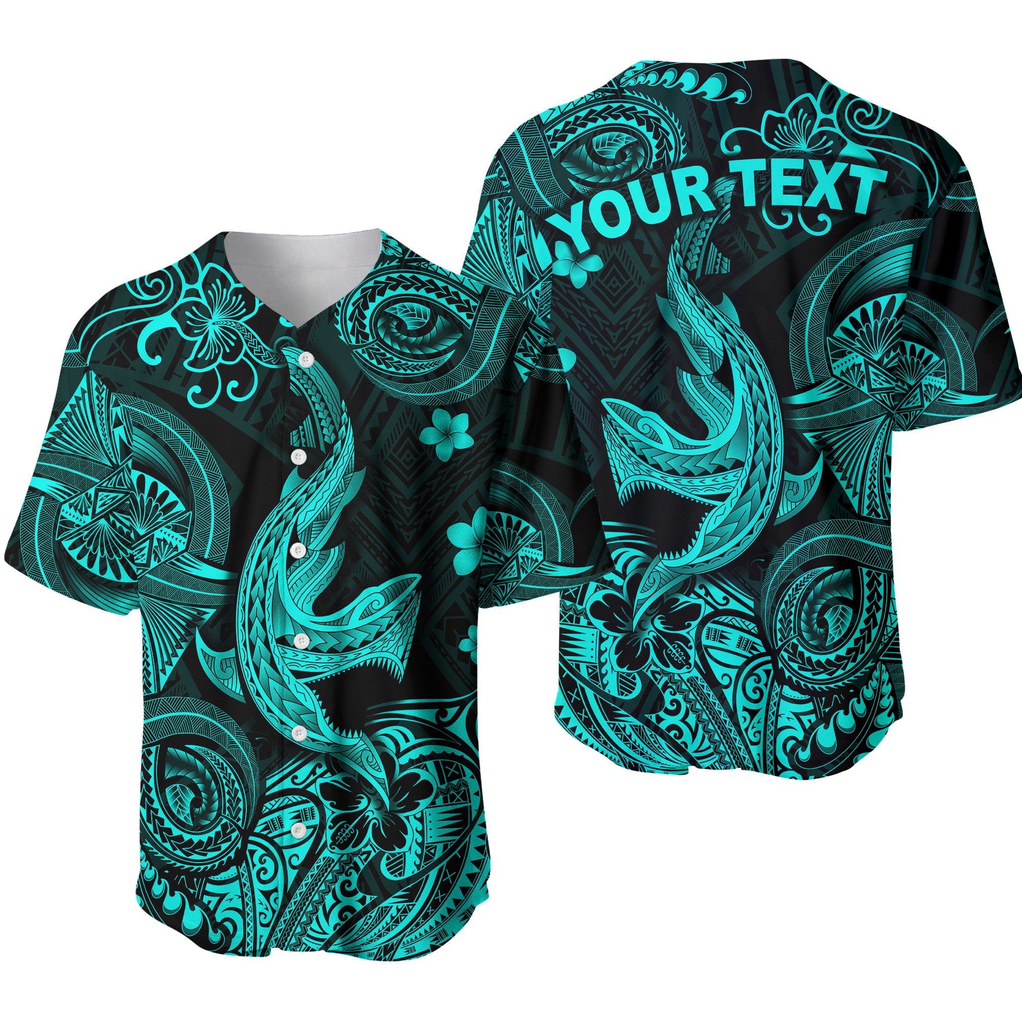 (Custom Personalised) Hawaii Angry Shark Polynesian Baseball Jersey Unique Style - Turquoise LT8 - Polynesian Pride