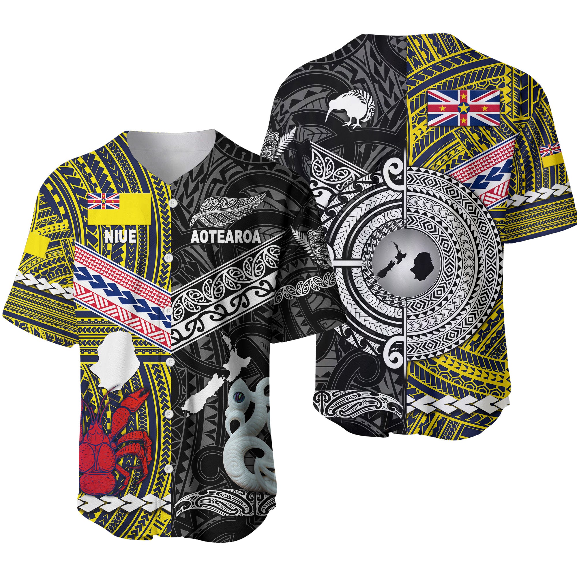 New Zealand Maori Aotearoa And Niue Together Baseball Jersey - Black LT8 - Polynesian Pride