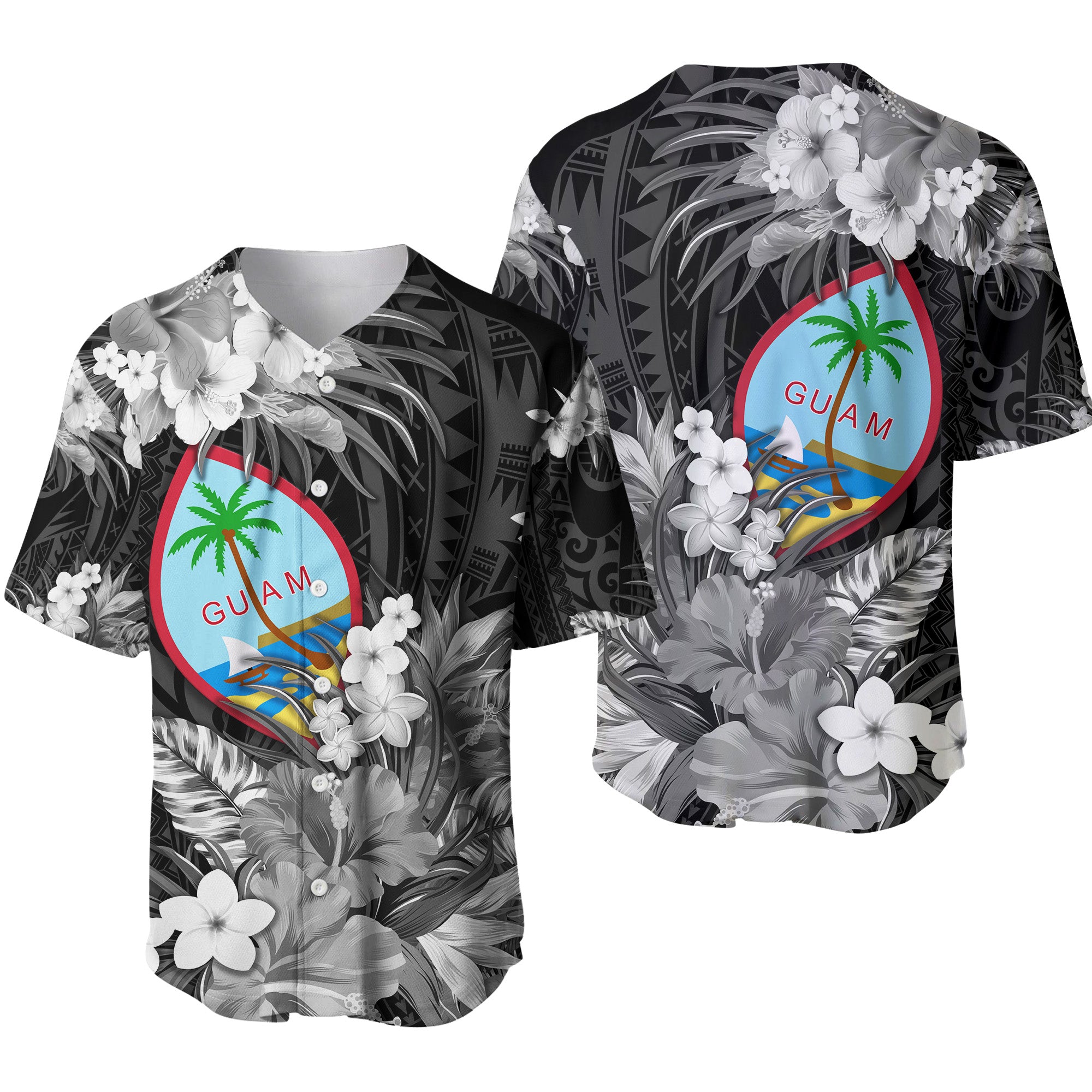 Guam Polynesian Baseball Jersey Tropical Flowers - Black LT8 - Polynesian Pride