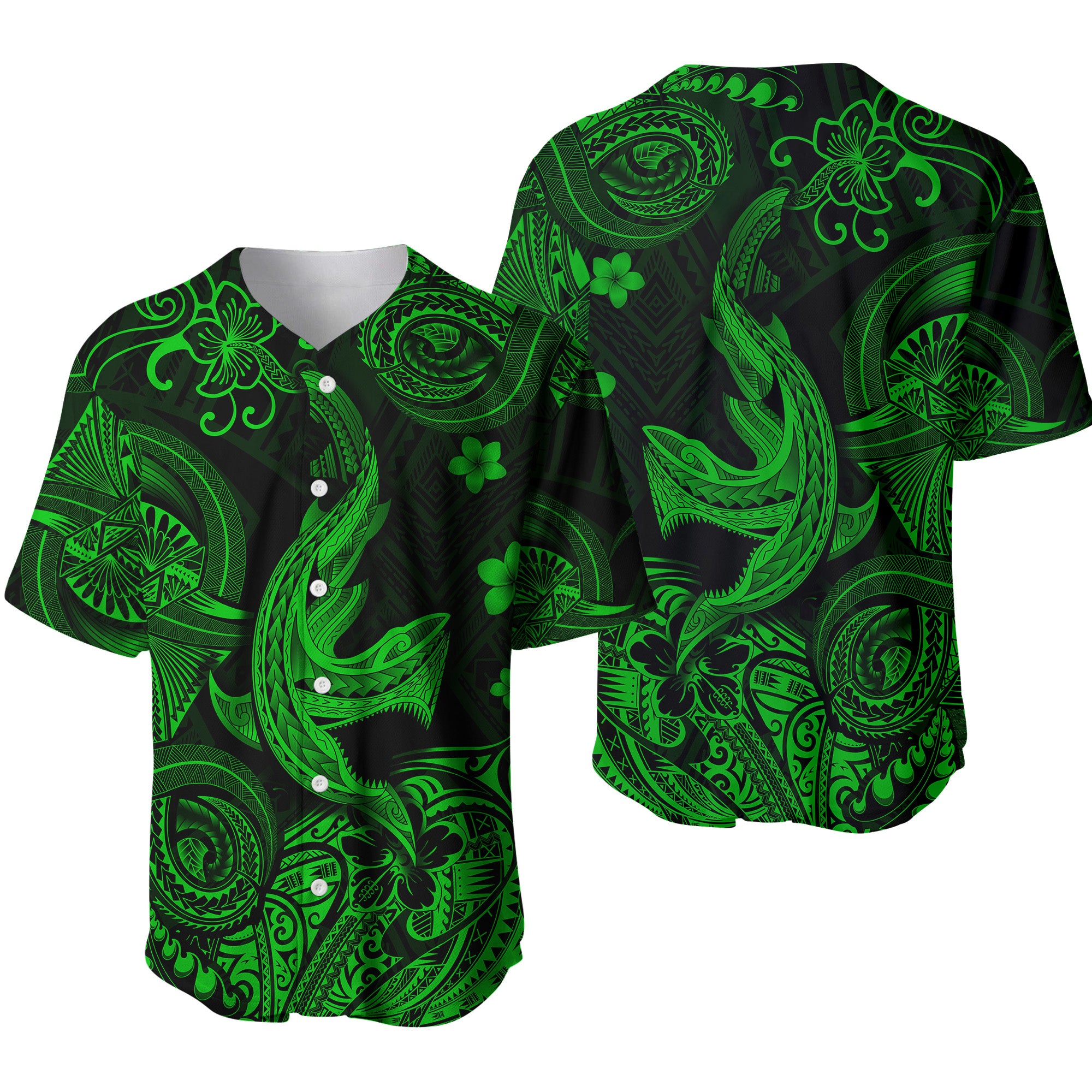 Hawaii Angry Shark Polynesian Baseball Jersey Unique Style - Green LT8 - Polynesian Pride