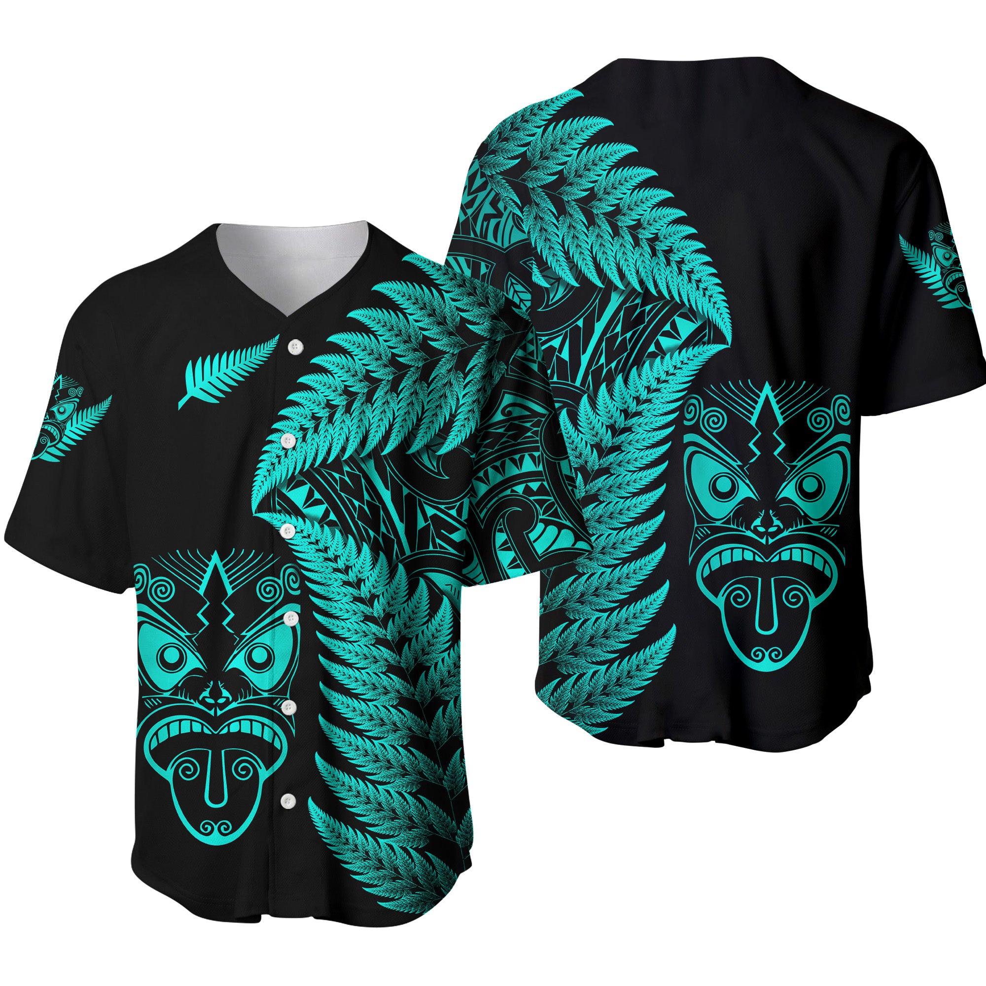 New Zealand Haka Rugby Maori Baseball Jersey Silver Fern Vibes - Turquoise LT8 - Polynesian Pride