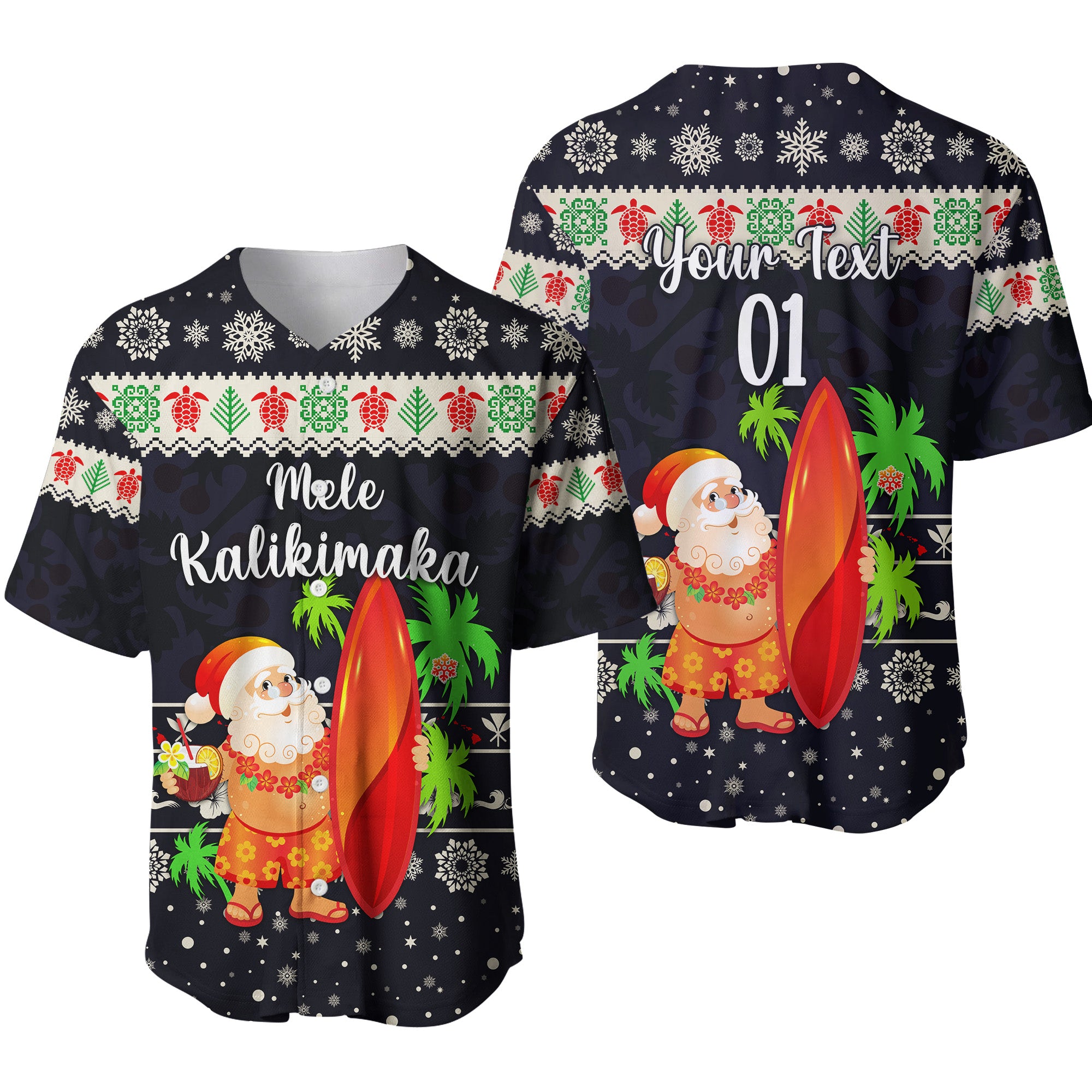 (Custom Personalised) Hawaii Christmas Baseball Jersey Santa Claus Surfing Simple Style - Navy LT8 - Polynesian Pride