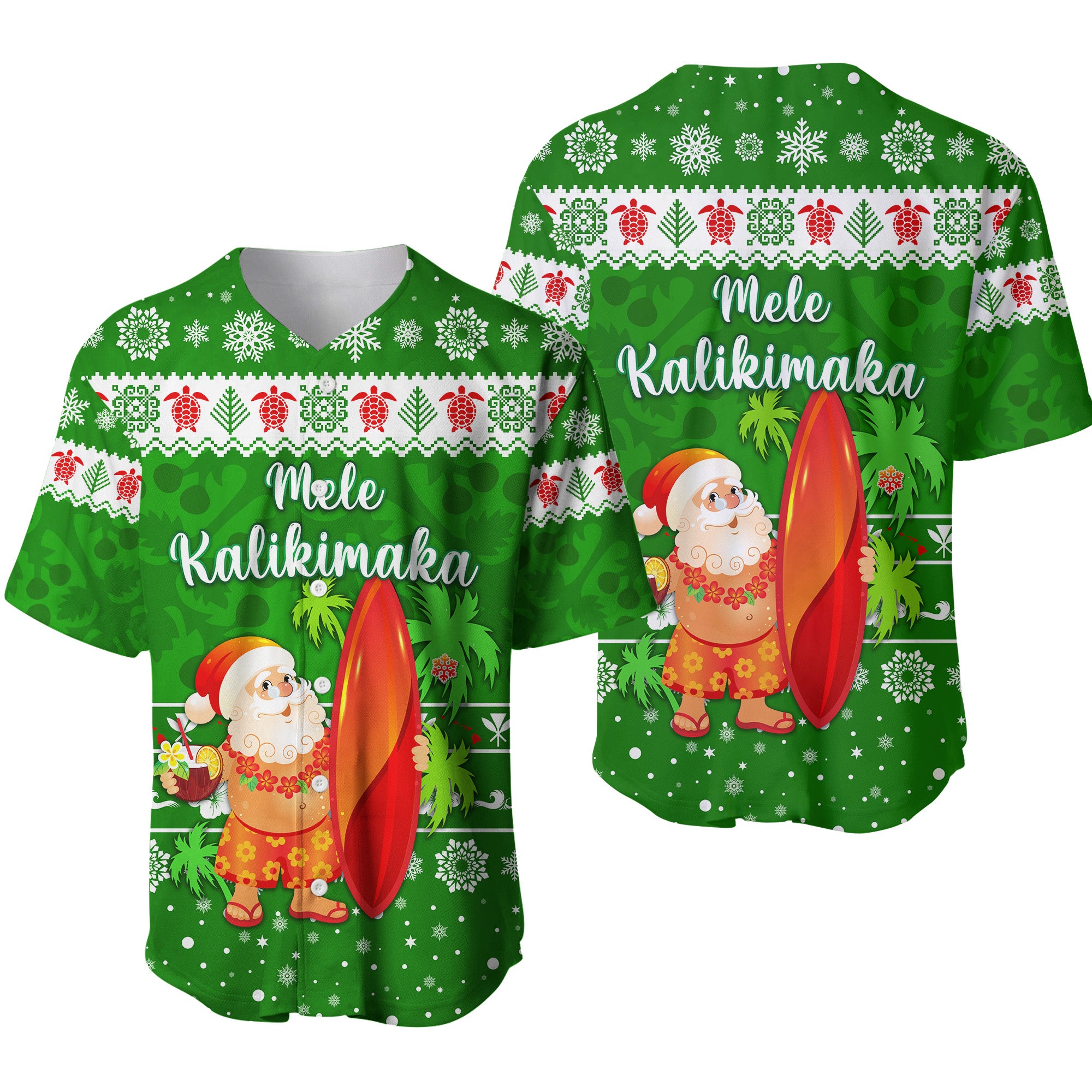 Hawaii Christmas Baseball Jersey Santa Claus Surfing Simple Style - Green LT8 - Polynesian Pride