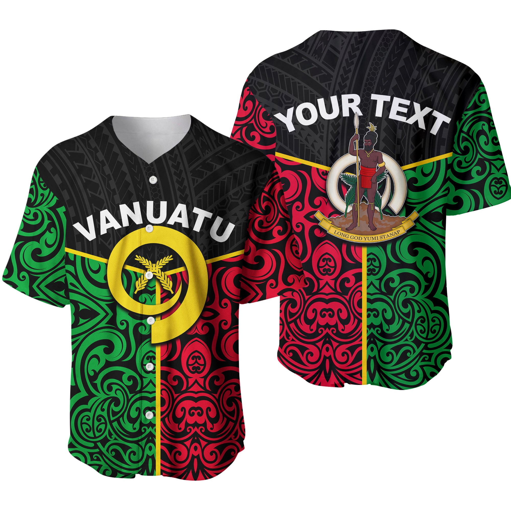 (Custom Personalised) Vanuatu Baseball Jersey Polynesian Patterns Mix Flag LT6 Black - Polynesian Pride