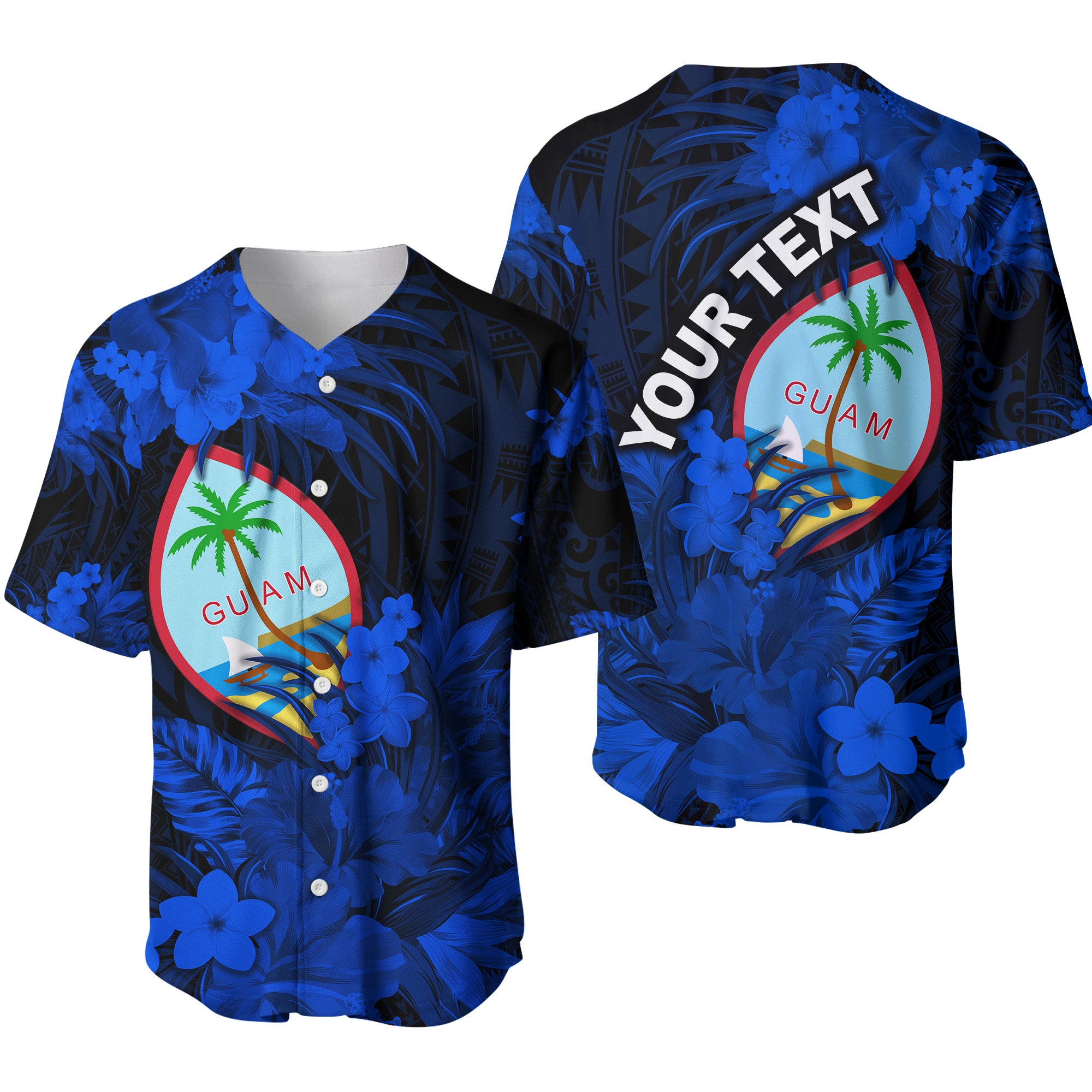 (Custom Personalised) Guam Polynesian Baseball Jersey Tropical Flowers - Blue LT8 - Polynesian Pride