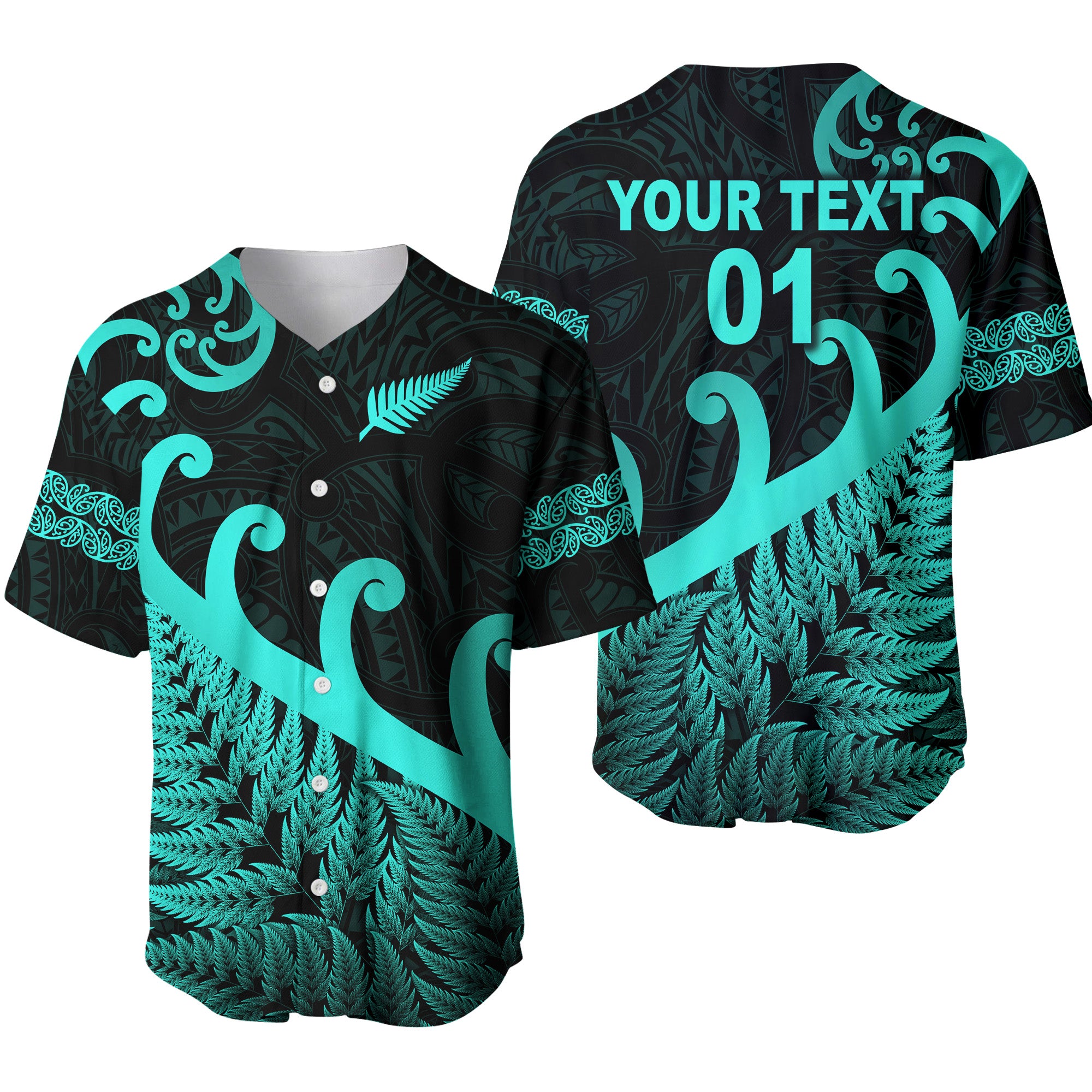 (Custom Personalised) New Zealand Rugby Maori Baseball Jersey Silver Fern Koru Vibes - Turquoise LT8 - Polynesian Pride