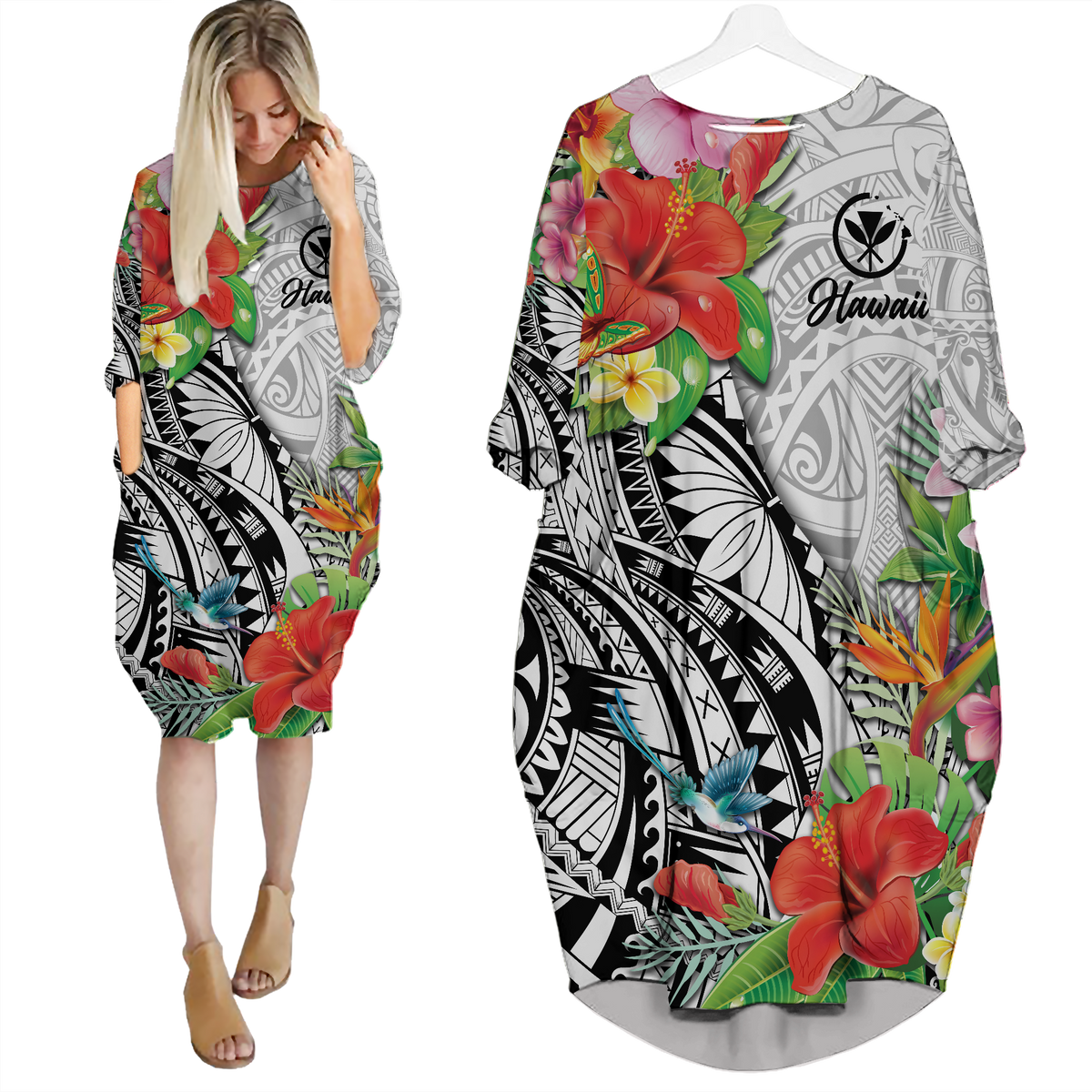 Hawaii Hibiscus Kanaka Polynesia Batwing Pocket Dress - LT2 Women WHITE - Polynesian Pride
