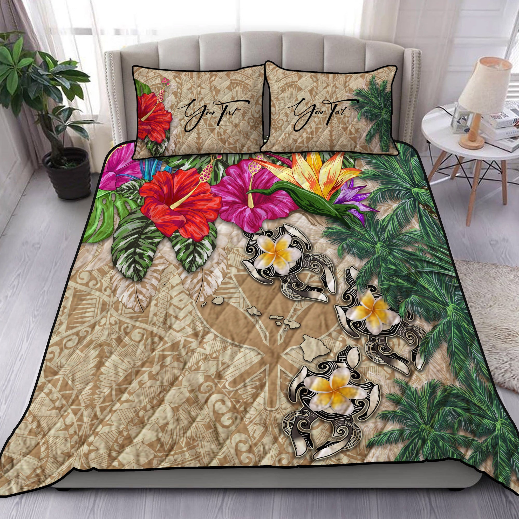 (Custom) Kanaka Maoli (Hawaiian) Quilt Bed Set - Hibiscus Turtle Tattoo Beige Personal Signature Beige - Polynesian Pride