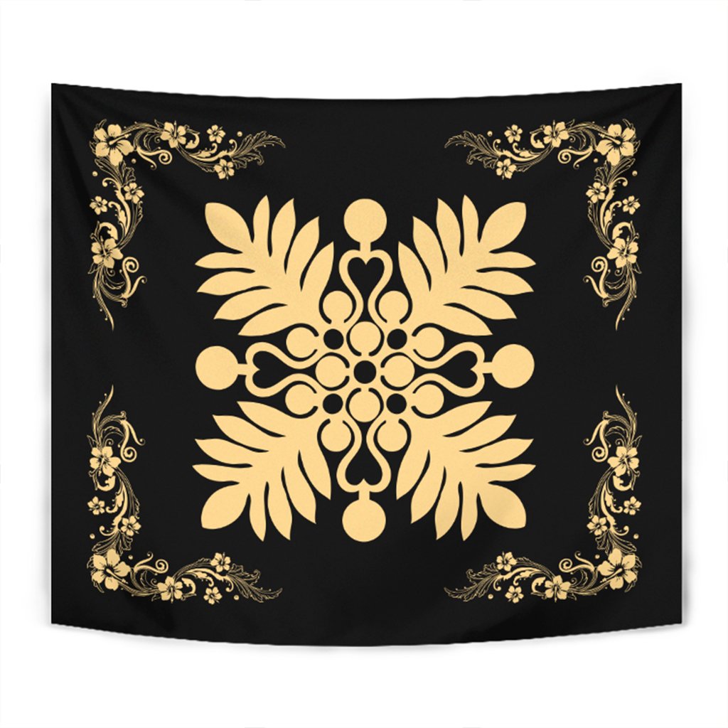 Hawaiian Quilt Maui Plant And Hibiscus Tappestry - Beige Black - AH Wall Tapestry Beige - Polynesian Pride