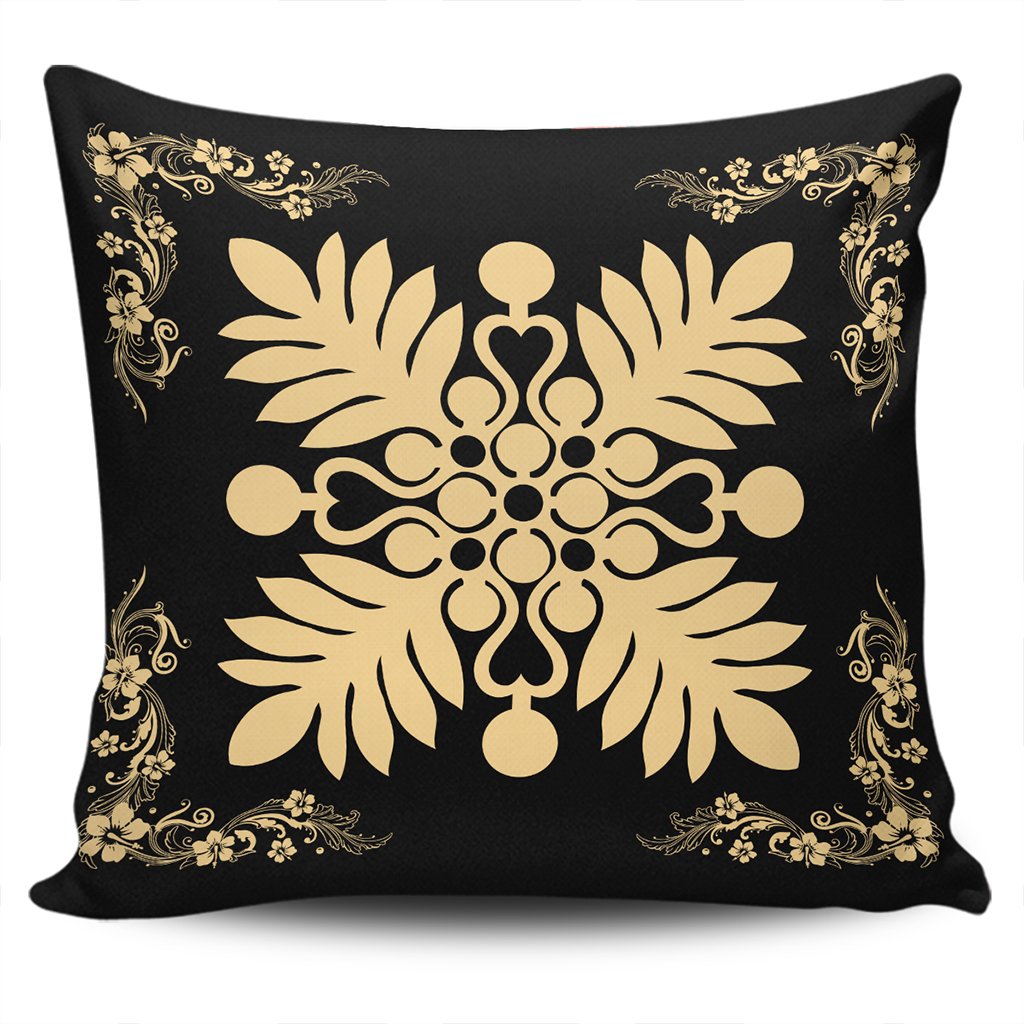 Hawaiian Quilt Maui Plant And Hibiscus Pattern Pillow Covers - Beige Black - AH One Size Beige - Polynesian Pride