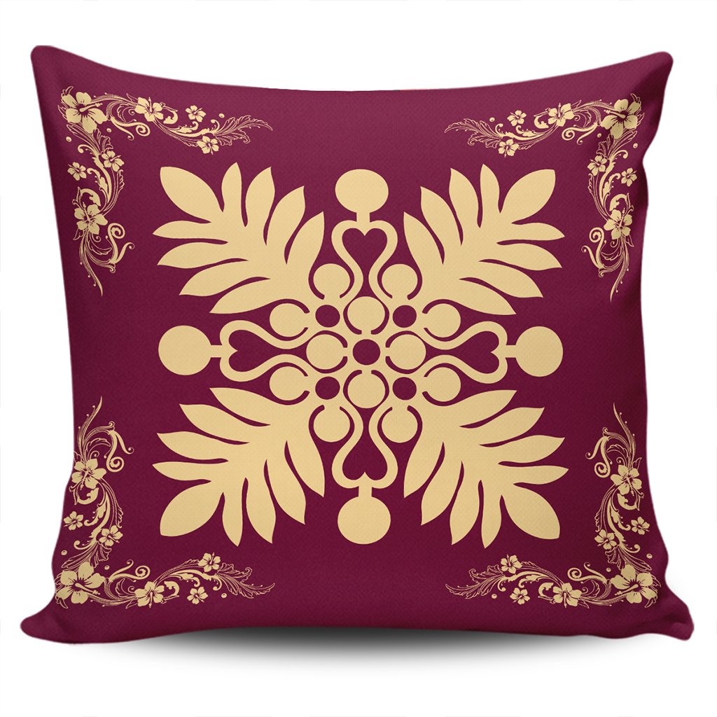 Hawaiian Quilt Maui Plant And Hibiscus Pattern Pillow Covers - Beige Burgundy - AH One Size Beige - Polynesian Pride