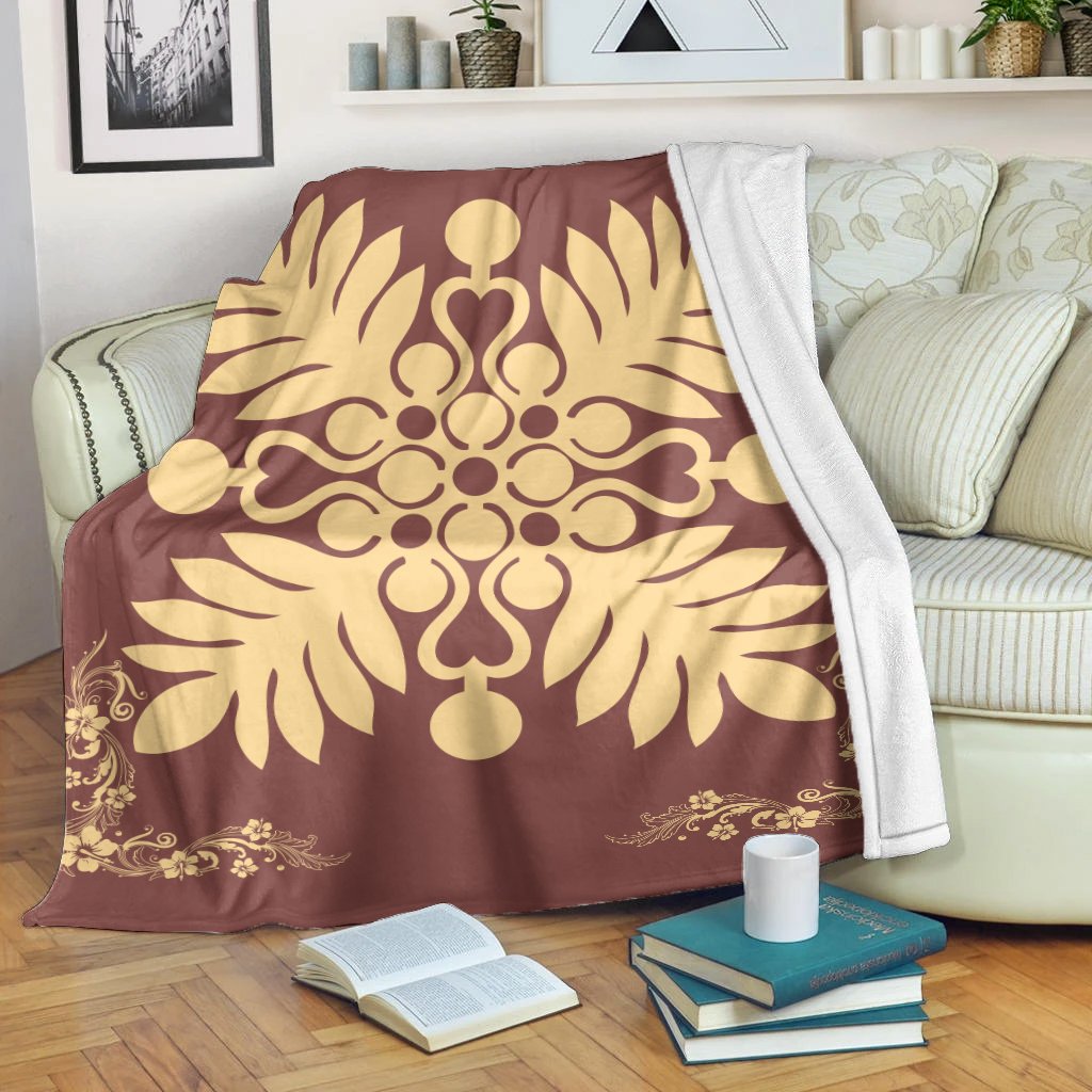 Hawaiian Quilt Maui Plant And Hibiscus Premium Blanket - Beige Coral - AH White - Polynesian Pride