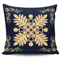 Hawaiian Quilt Maui Plant And Hibiscus Pattern Pillow Covers - Beige Indigo - AH One Size Beige - Polynesian Pride