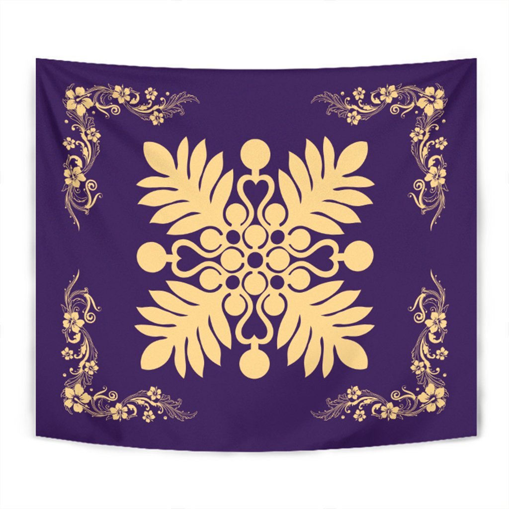 Hawaiian Quilt Maui Plant And Hibiscus Tappestry - Beige Purple - AH Wall Tapestry Beige - Polynesian Pride