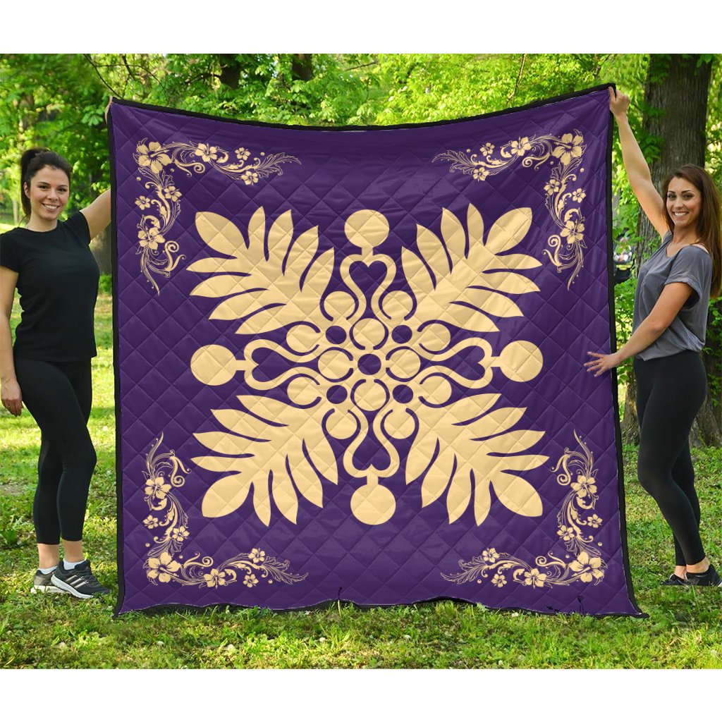 Hawaiian Quilt Maui Plant And Hibiscus Premium Quilt - Beige Purple - AH Beige - Polynesian Pride