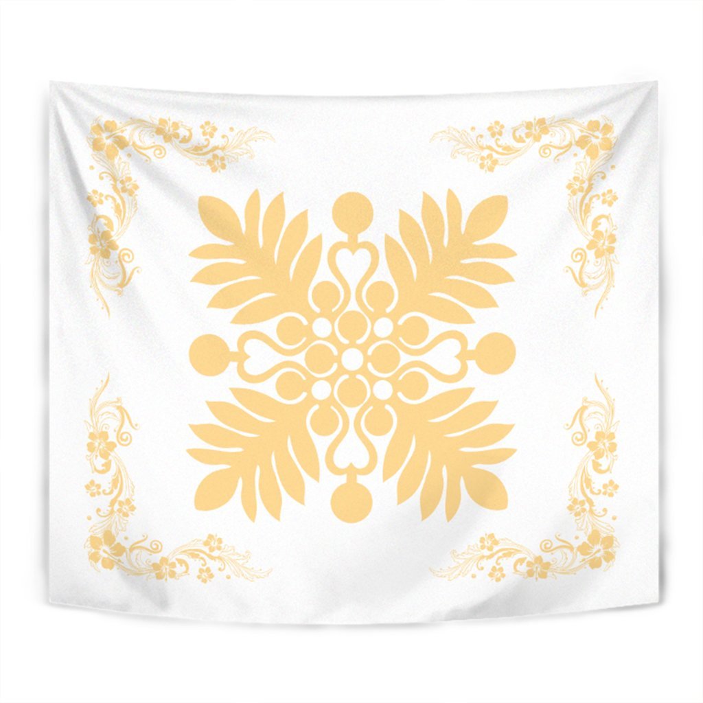 Hawaiian Quilt Maui Plant And Hibiscus Tappestry - Beige White - AH Wall Tapestry Beige - Polynesian Pride