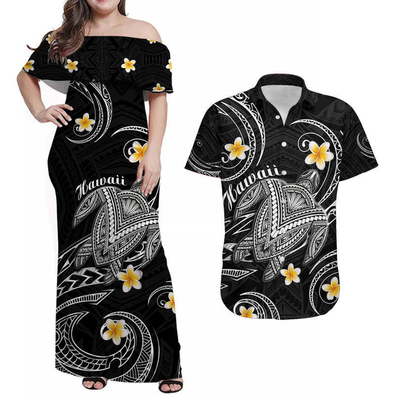 Matching Couple Hawaiian Outfits Hawaiian Turtle Plumeria Mixed Polynesian Tribal Black Dress and Hawaiian Shirt Style LT9 Black - Polynesian Pride