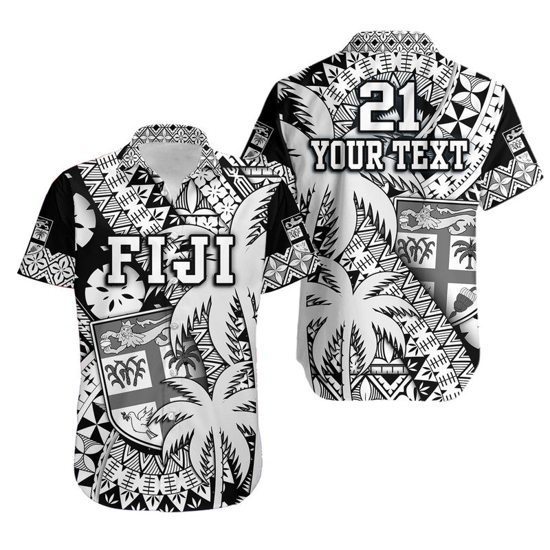 (Custom Personalised) Fiji Coat Of Arms Hawaiian Shirt Masi Tapa Mixed Palm Tree No1 Black Version LT9 Unisex Black - Polynesian Pride