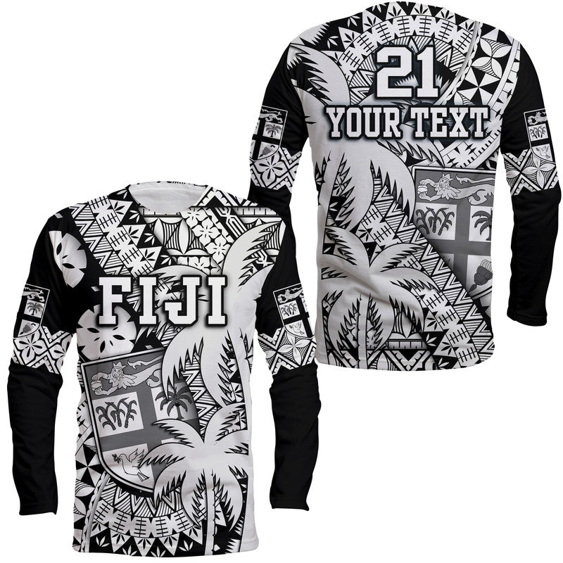 (Custom Personalised) Fiji Coat Of Arms Long Sleeve Shirt Masi Tapa Mixed Palm Tree No1 Black Version LT9 Unisex Black - Polynesian Pride