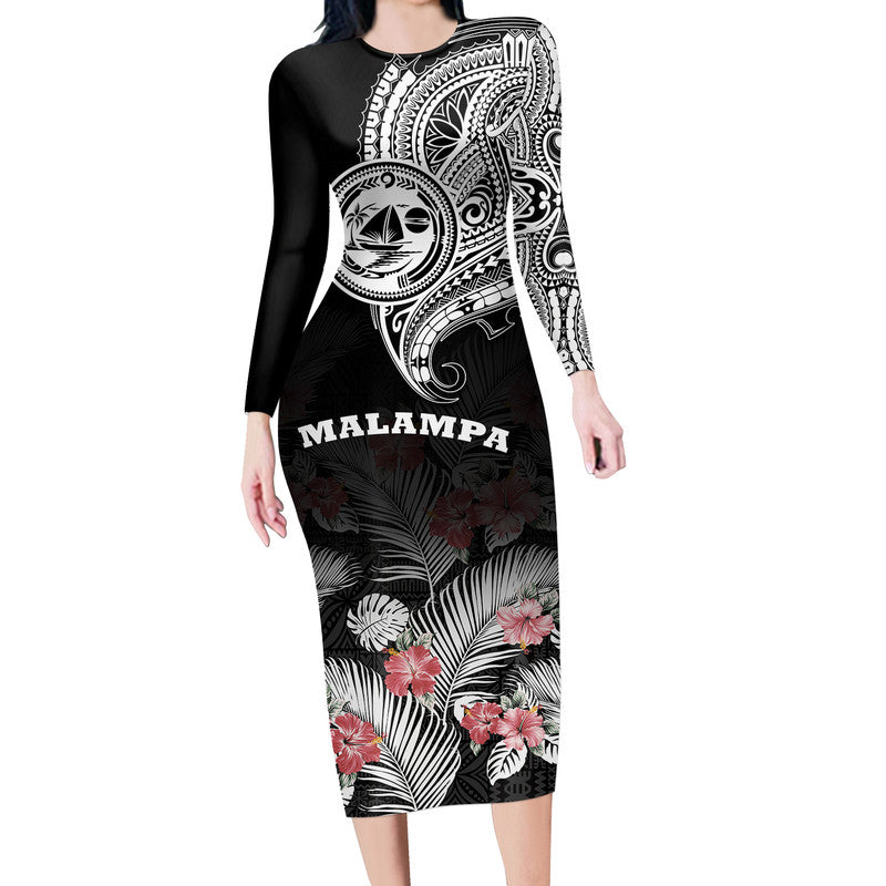 Vanuatu Malampa Province Long Sleeve Dress Hibiscus Tribal Polynesian Tattoo Ver Black LT9 Polyester spandex Black - Polynesian Pride