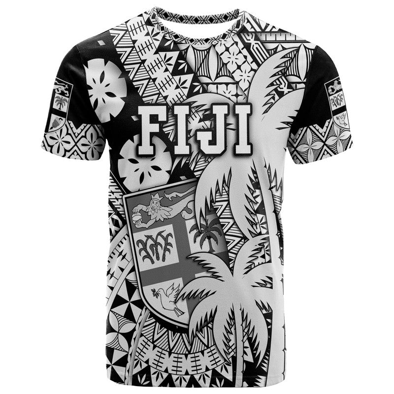 Custom Fiji Coat of Arms T Shirt Masi Tapa Mixed Palm Tree No1 Black Version LT9 Black - Polynesian Pride