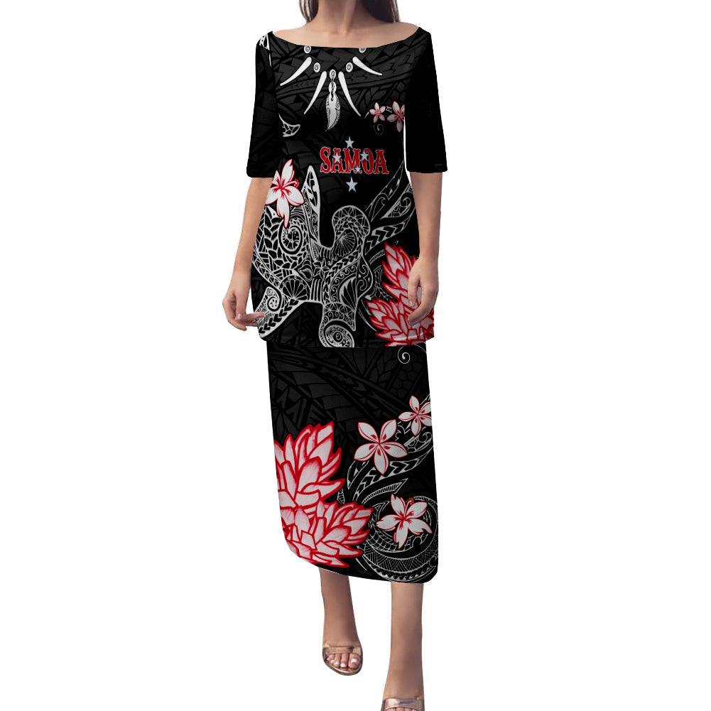 Samoa Puletasi Dress Ula Shark Nifo Mix Teuila Flower - Black LT7 Women Black - Polynesian Pride