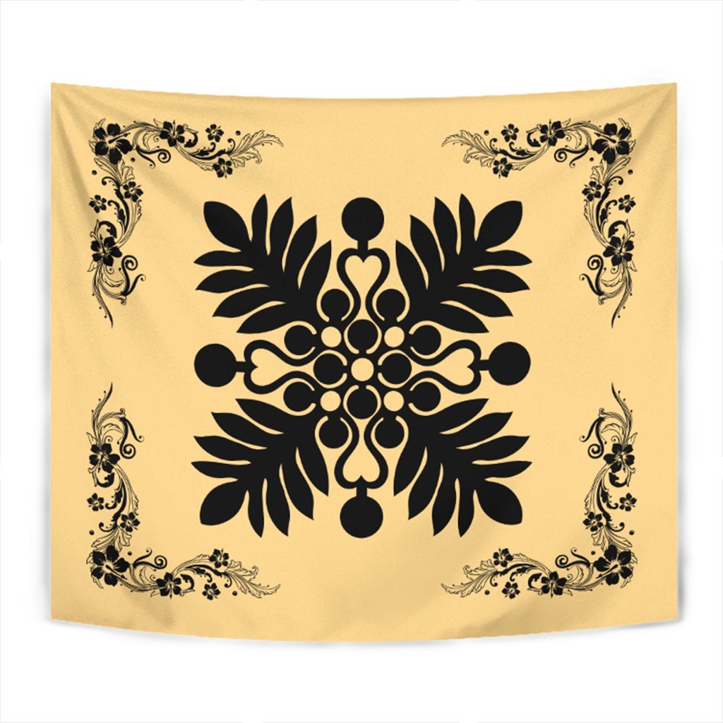 Hawaiian Quilt Maui Plant And Hibiscus Tappestry - Black Beige - AH Wall Tapestry Black - Polynesian Pride