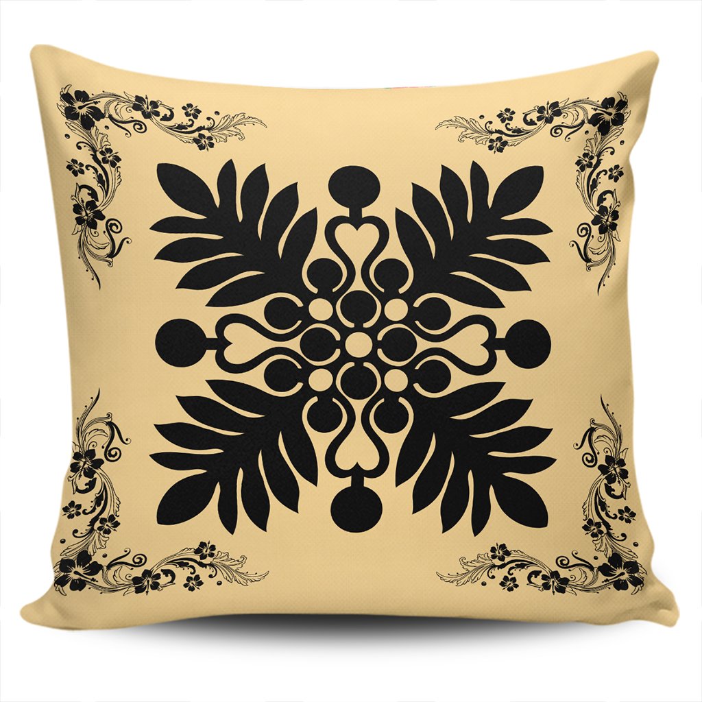 Hawaiian Quilt Maui Plant And Hibiscus Pattern Pillow Covers - Black Beige - AH One Size Black - Polynesian Pride