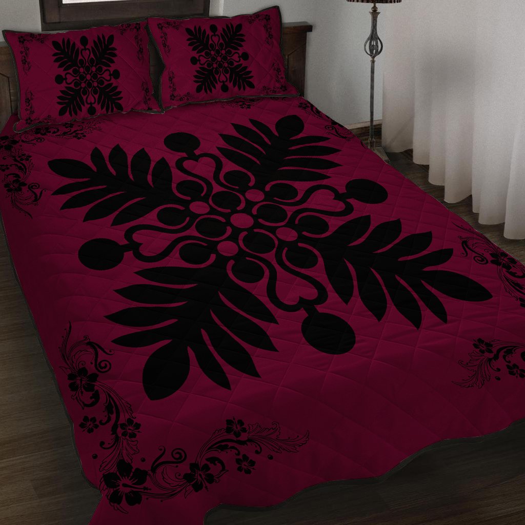 Hawaiian Quilt Maui Plant And Hibiscus Pattern Quilt Bed Set - Black Burgundy - AH - Polynesian Pride